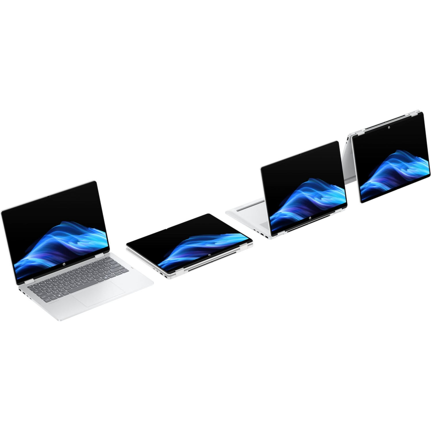 Vier zilveren laptops met zwarte schermen met blauwe en witte abstracte kunst zijn schuin geplaatst op een witte achtergrond.