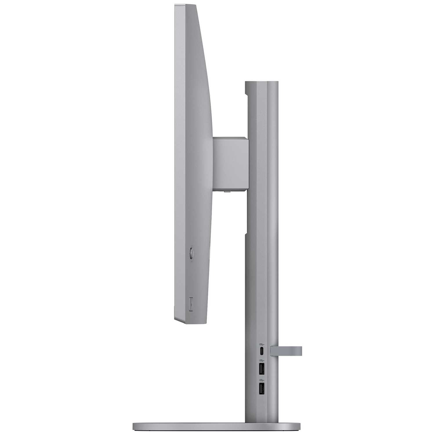 Side view of a silver computer monitor. It has a rectangular screen supported by a stand with ports.