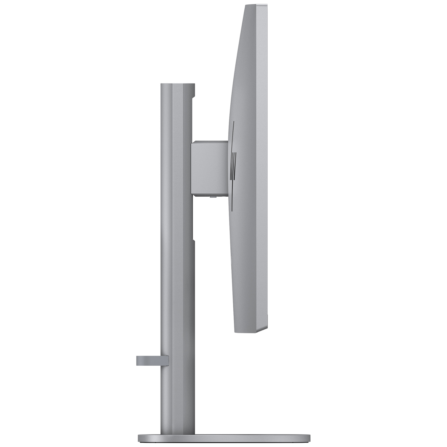Side view of a silver computer monitor. It has a rectangular screen supported by a stand. The background is white.