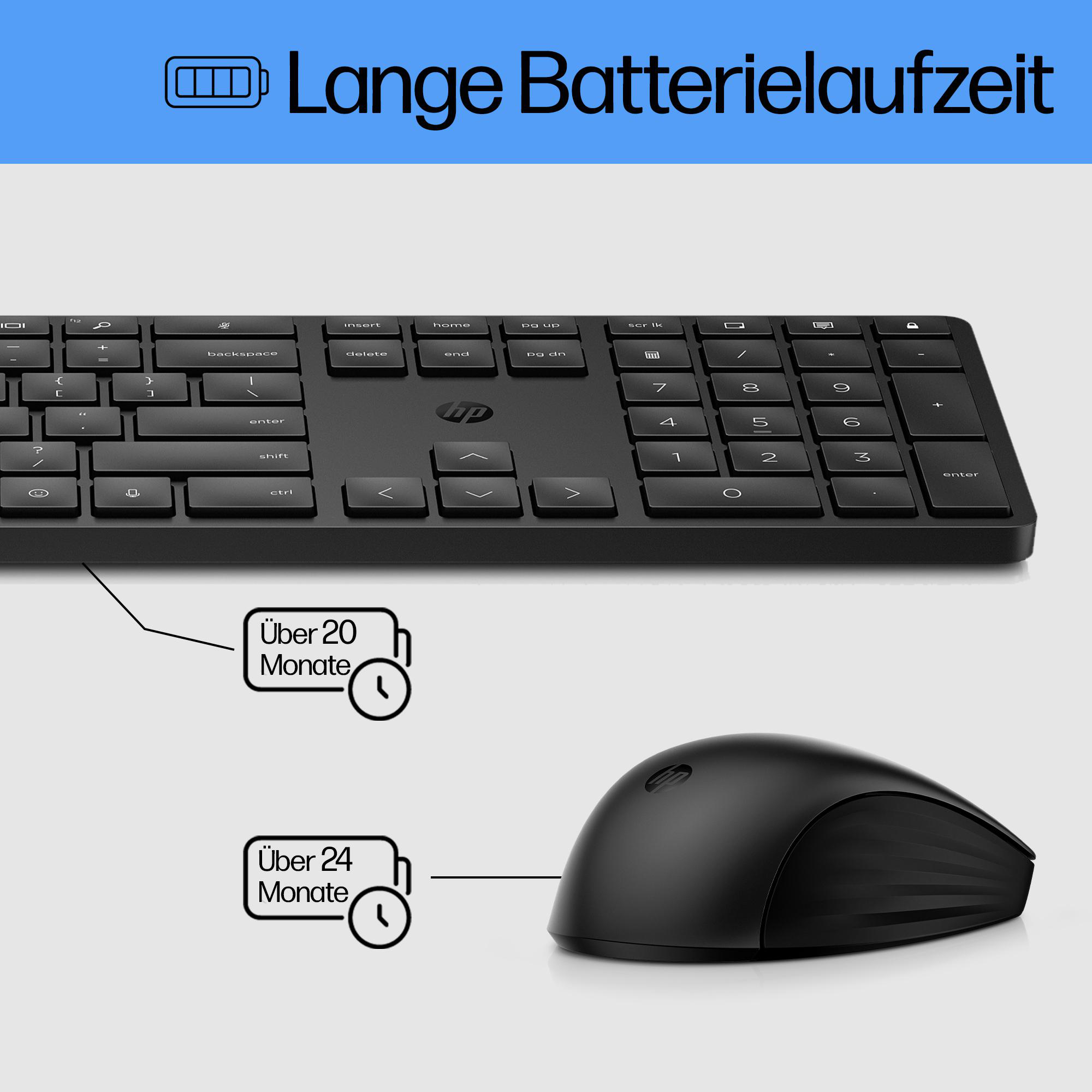 Schwarze Tastatur und Maus mit Text, der eine lange Akkulaufzeit von über 20 bzw. 24 Monaten anzeigt.