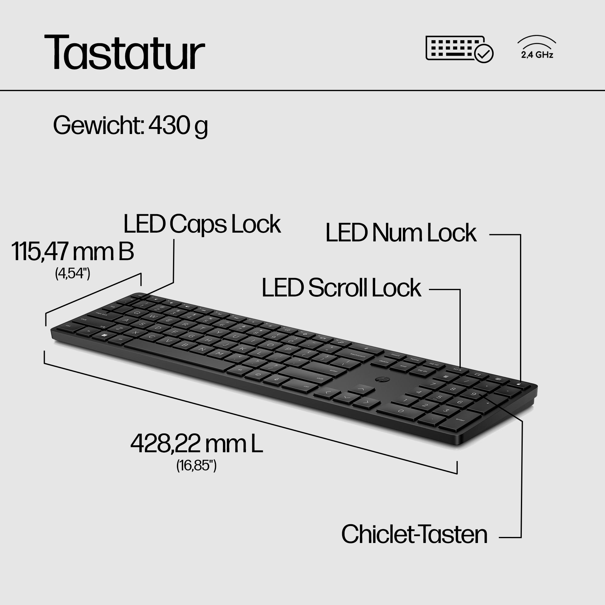 Eine schwarze Tastatur mit beschrifteten Tasten, Abmessungen und Gewicht. Sie hat Caps Lock-, Num Lock- und Scroll Lock-Anzeigen.