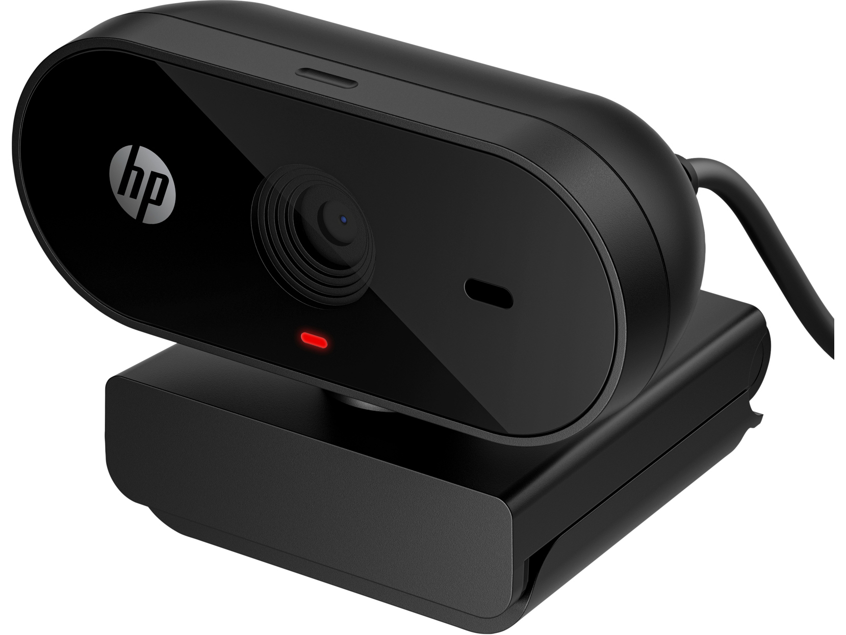 Schwarze HP-Webcam auf einem Ständer. Sie hat ein Objektiv, ein rotes Licht und das HP-Logo. Ein schwarzes Kabel ist angeschlossen.