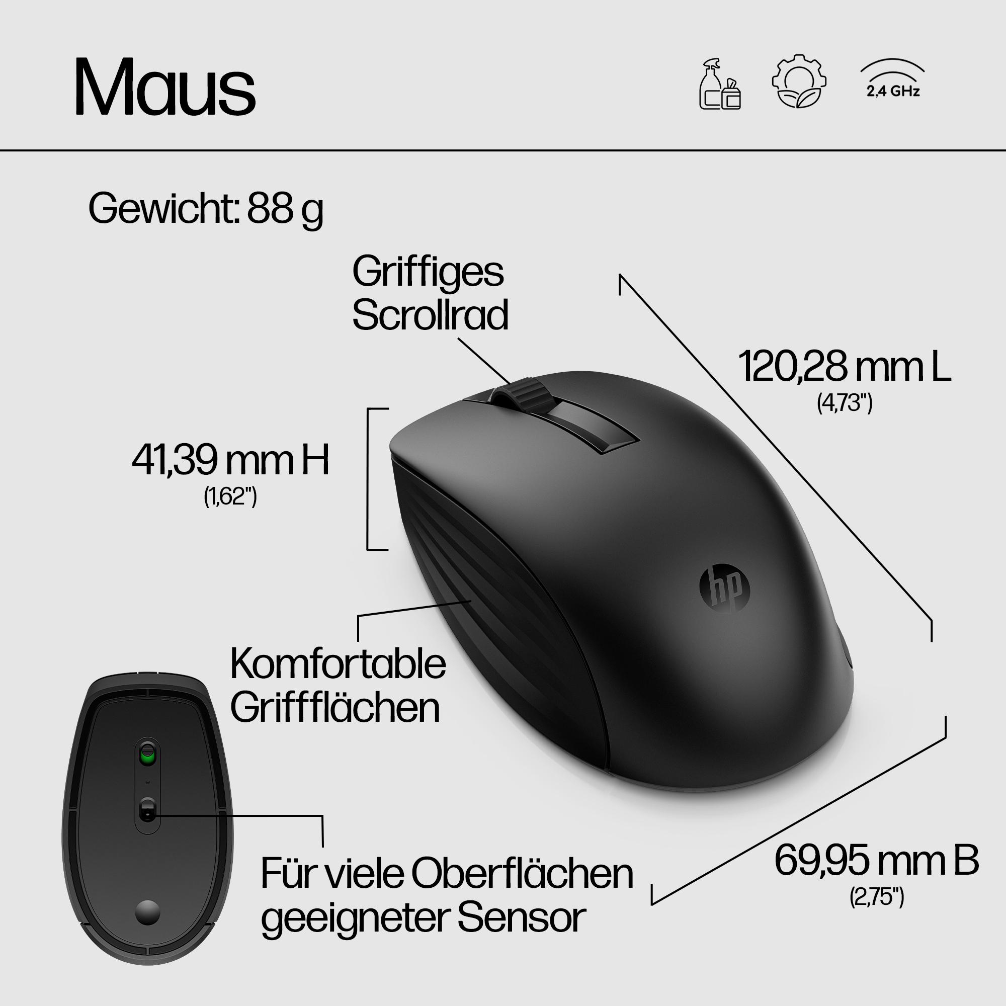 Schwarze kabellose HP-Maus mit Abmessungen und Funktionen. Enthält Scrollrad und ergonomisches Design.