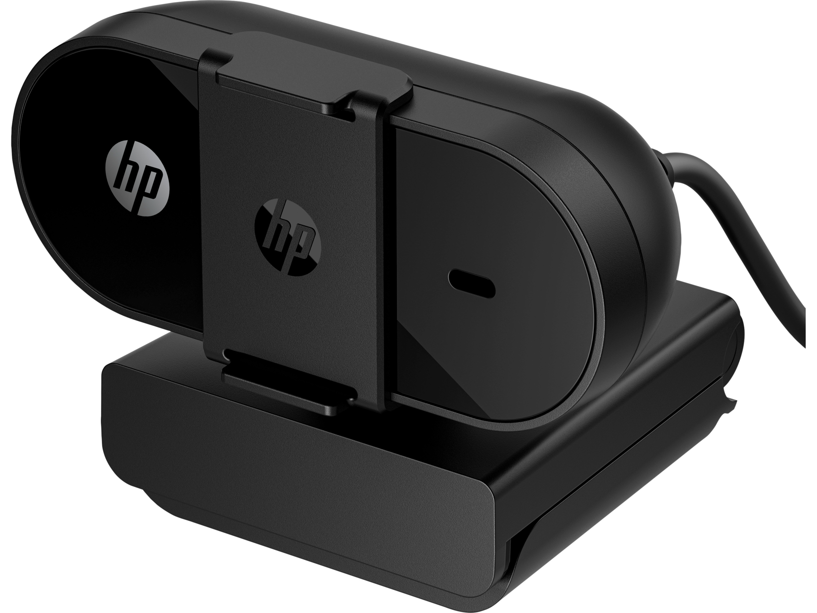 Schwarze HP-Webcam, ovales Design, auf rechteckiger Basis. Das HP-Logo ist sichtbar. Ein Kabel erstreckt sich von hinten.