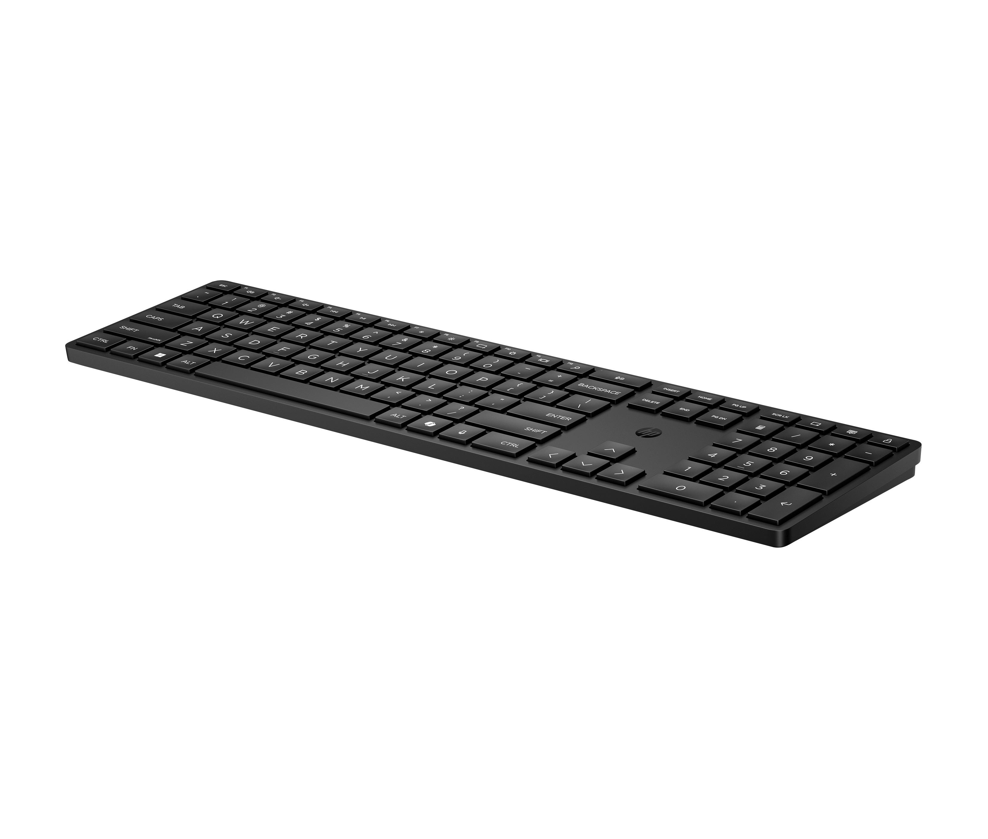 Eine schwarze Tastatur auf weißem Grund. Sie hat Tasten und einen Ziffernblock auf der rechten Seite.