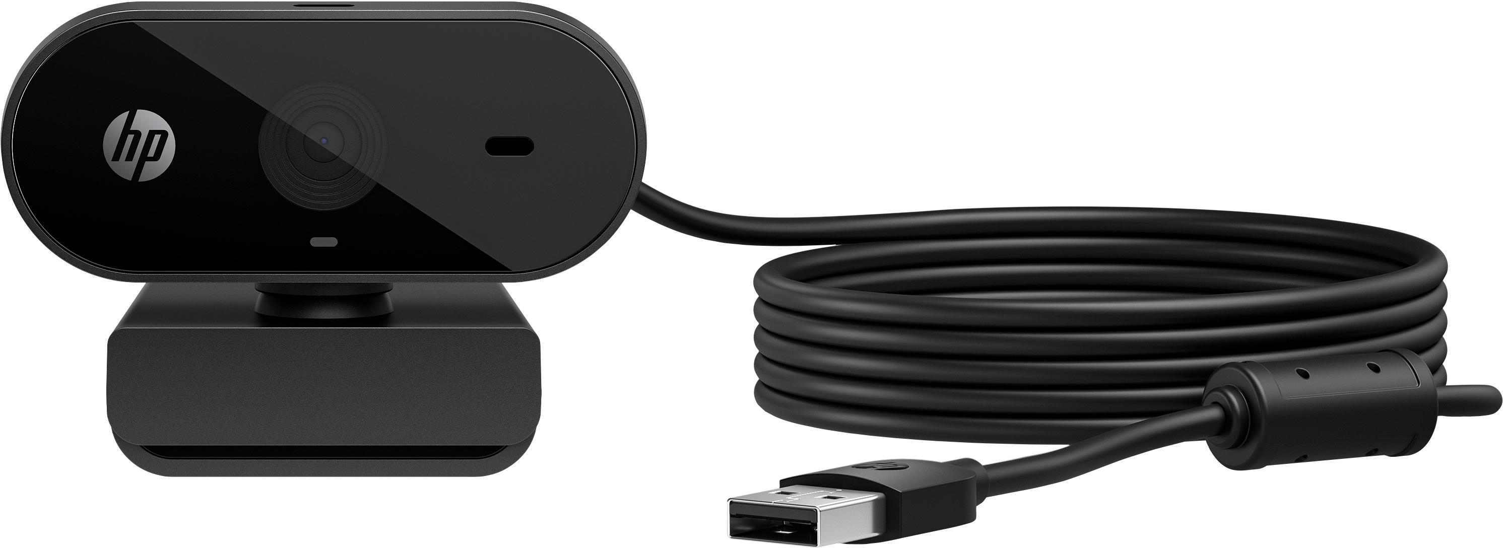 Schwarze HP-Webcam mit angeschlossenem Kabel und USB-Anschluss. Webcam hat Linse, Licht und HP-Logo.