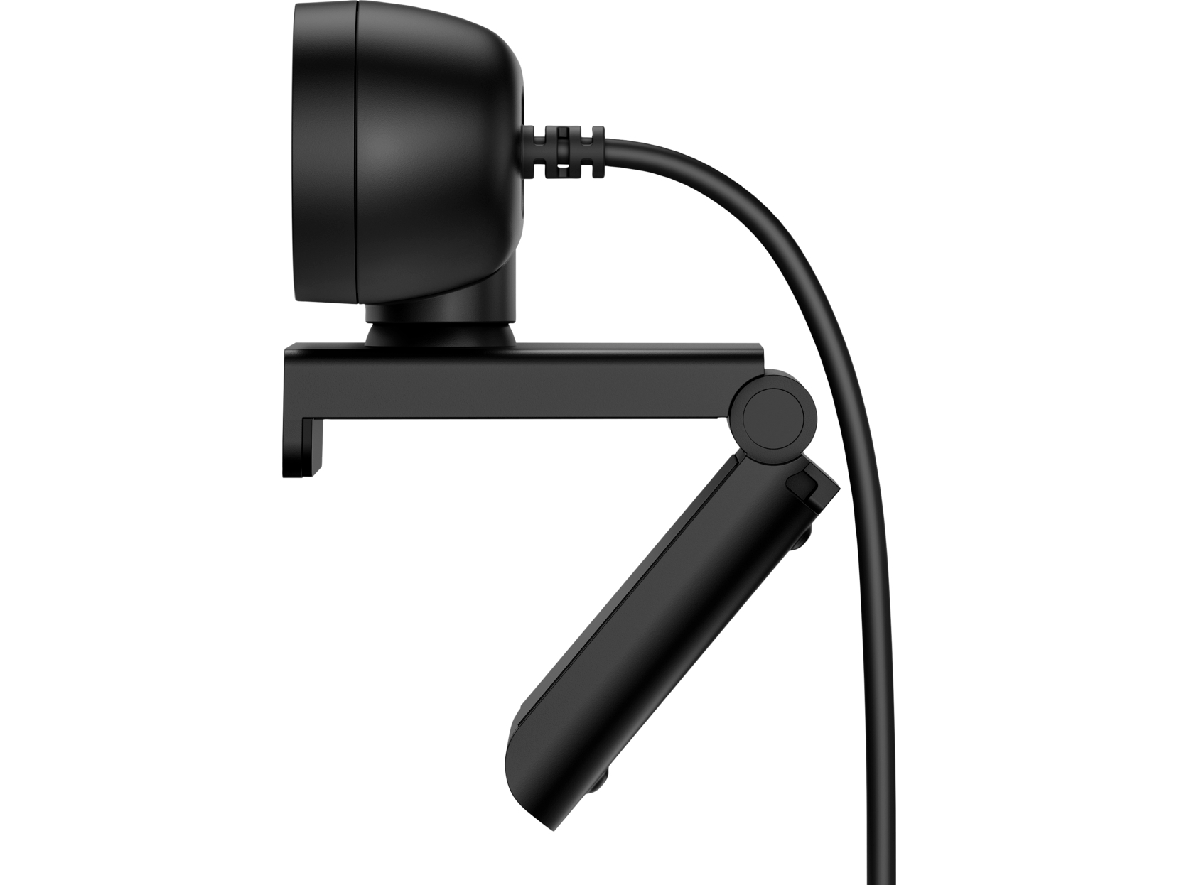 Eine schwarze Webcam wird im Profil gezeigt. Sie hat ein rundes Objektiv, eine Halterung und ein angeschlossenes Kabel. Der Hintergrund ist weiß.