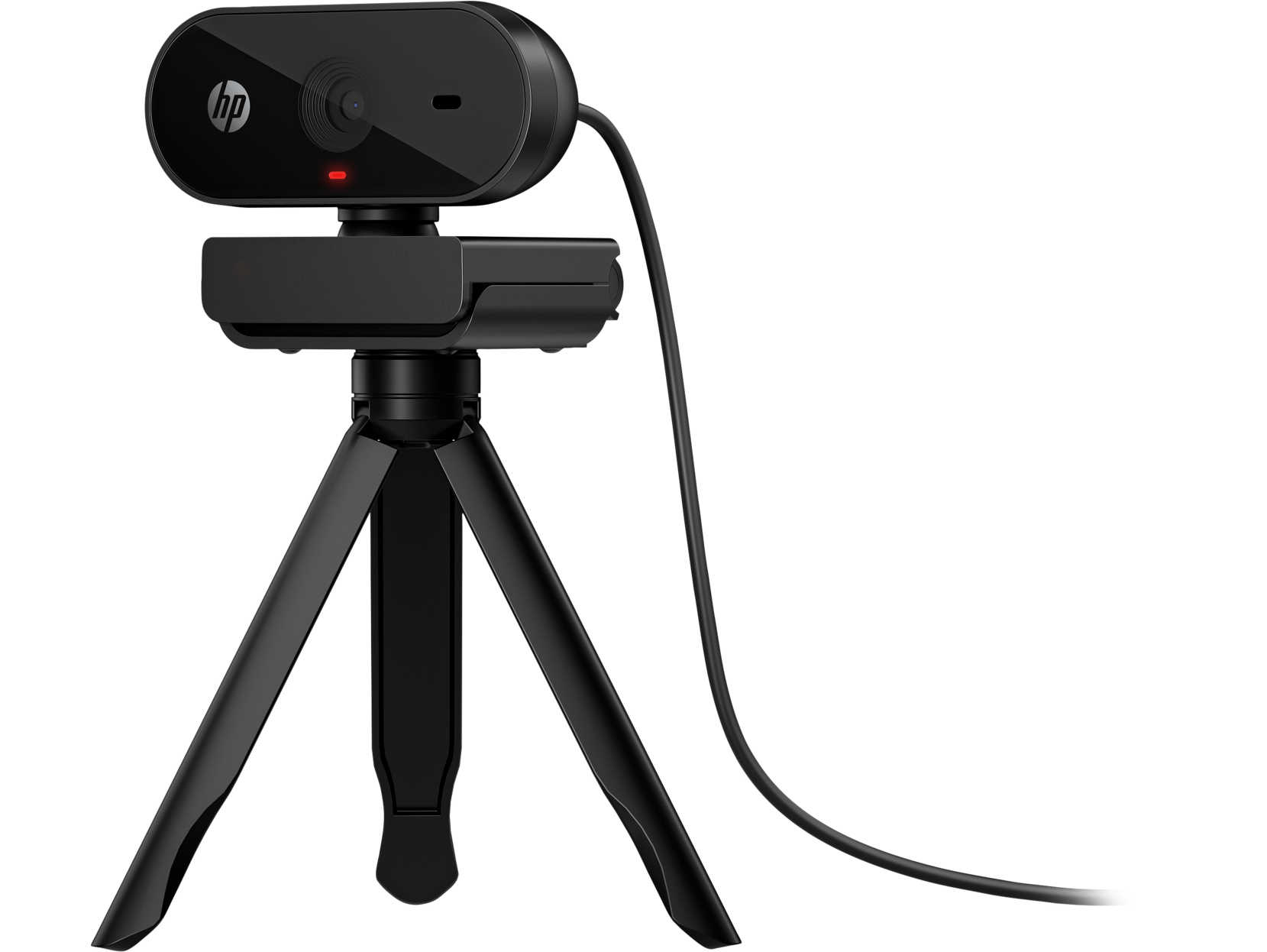 Eine schwarze HP-Webcam auf einem schwarzen Stativ. Sie hat ein rotes Licht, das anzeigt, dass sie eingeschaltet ist, und ein Kabel, das sich nach rechts erstreckt.