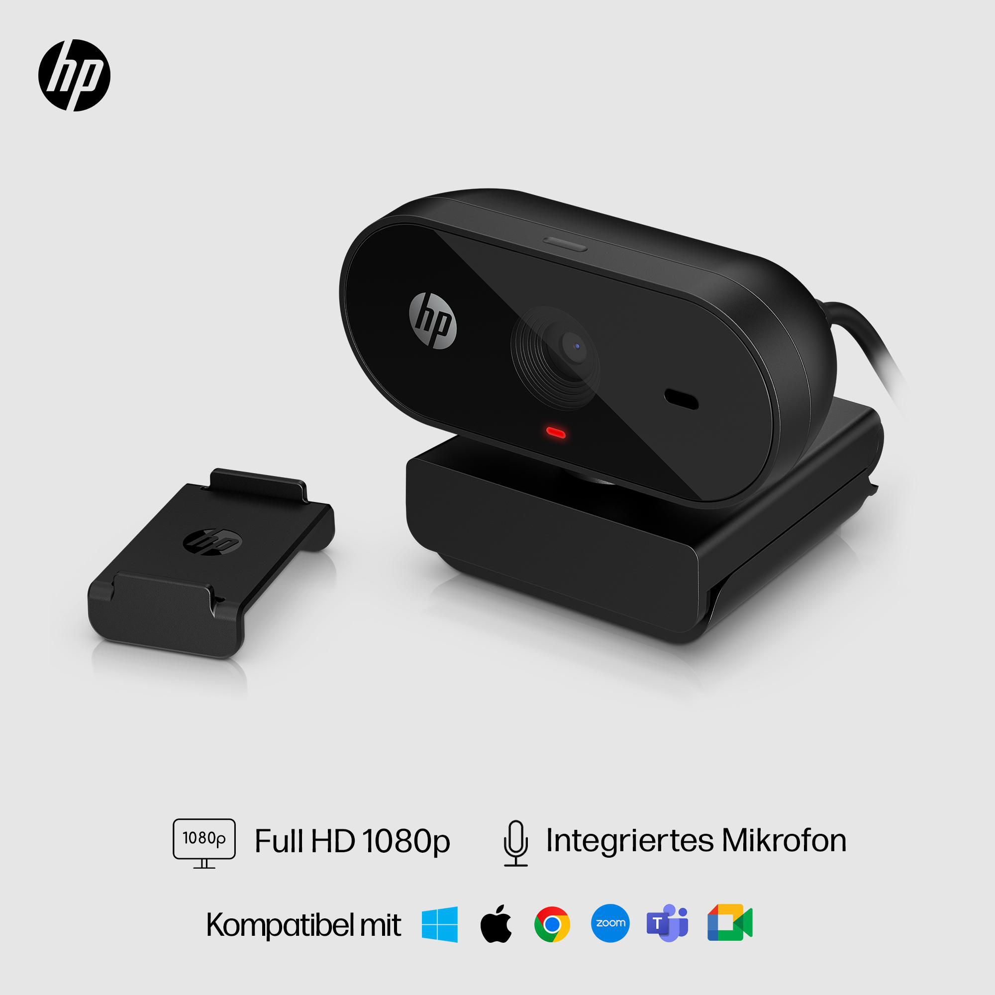 Schwarze HP-Webcam mit separatem Ständer. Verfügt über 1080p, integriertes Mikrofon. Kompatibel mit Windows, Apple, Chrome, Zoom und Teams.