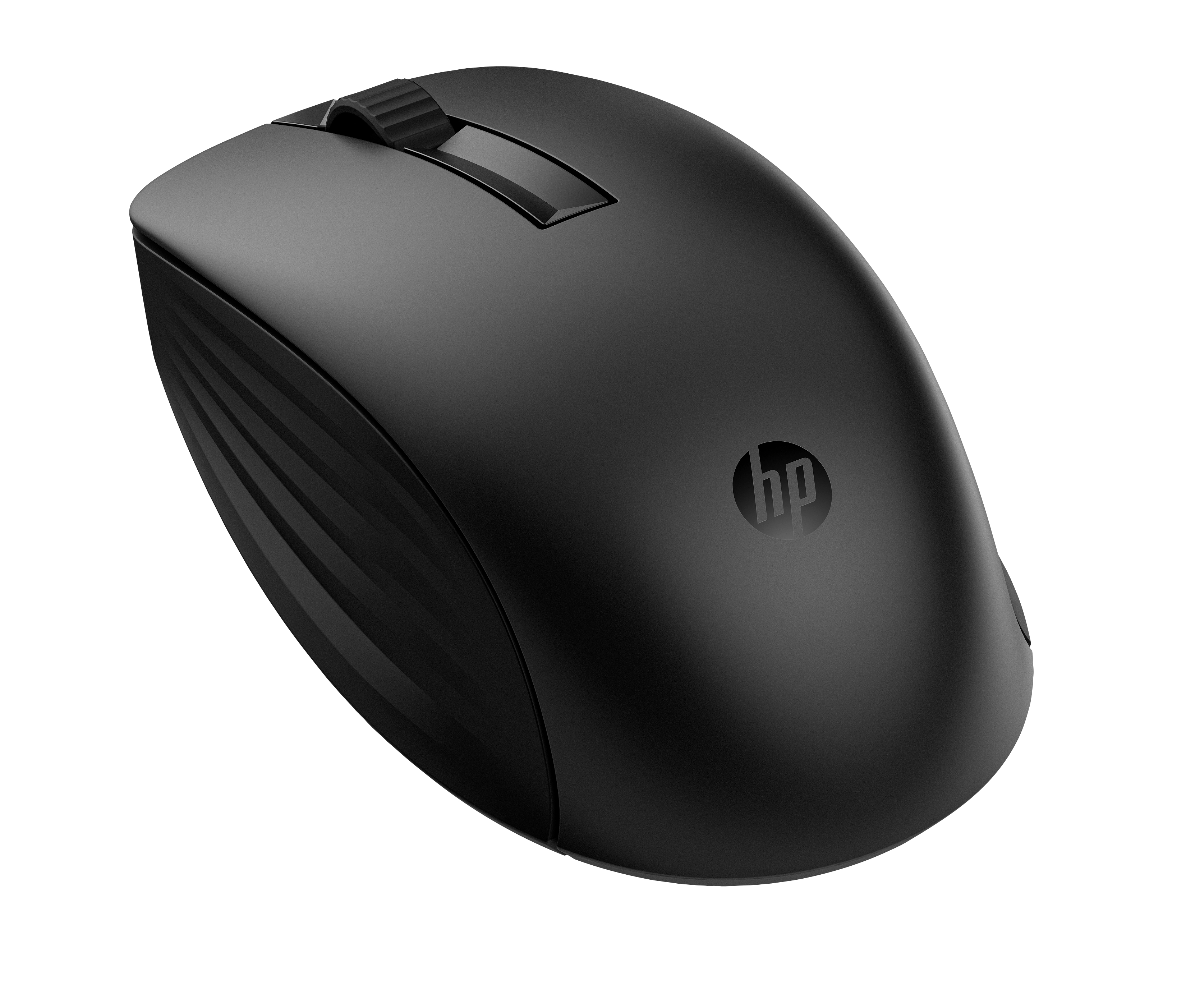 Eine schwarze kabellose HP-Maus auf weißem Hintergrund. Sie hat ein Scrollrad und das HP-Logo.