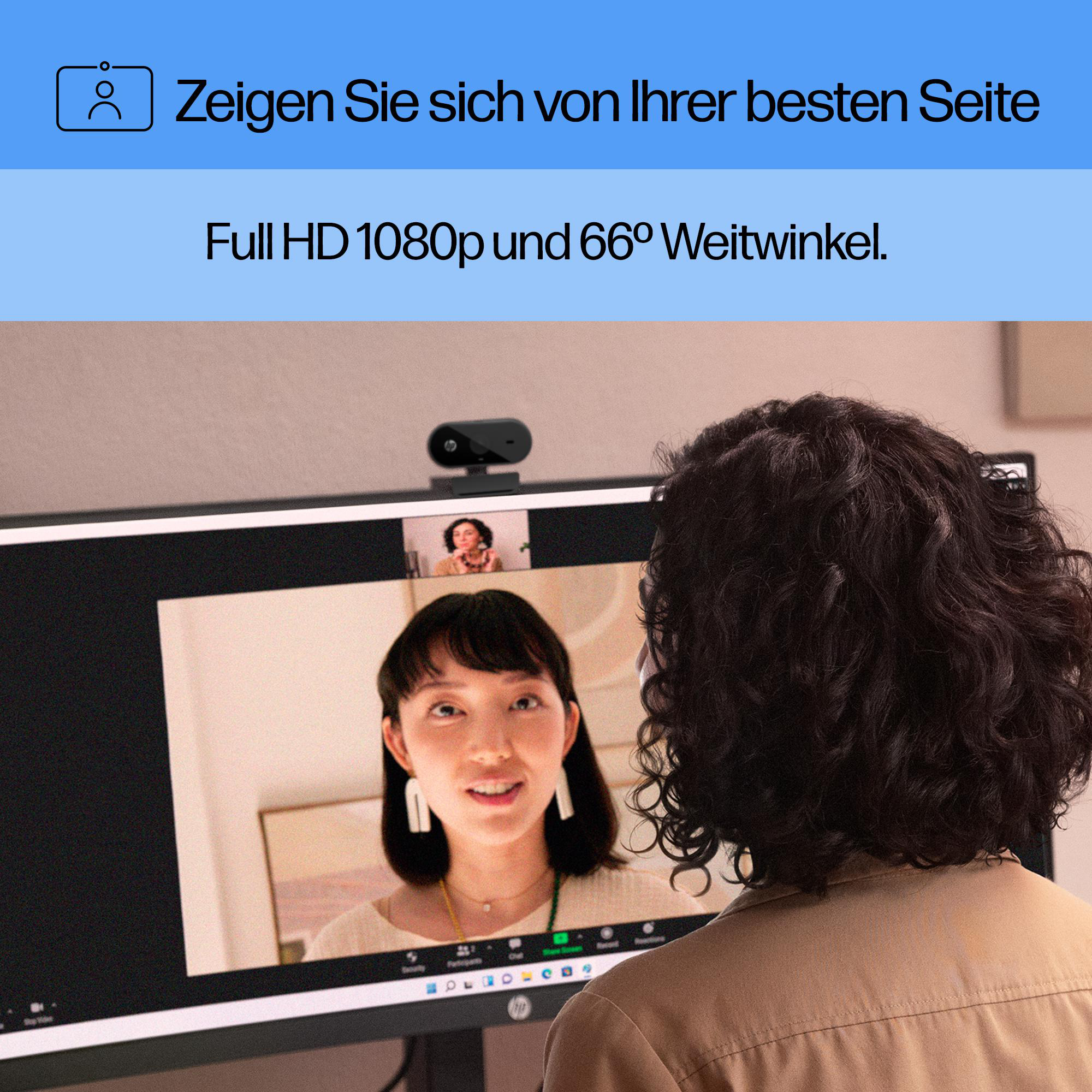 Eine Person schaut auf einen Bildschirm mit einer Frau in einem Videoanruf. Eine Webcam befindet sich oben. Text: Full HD 1080p.