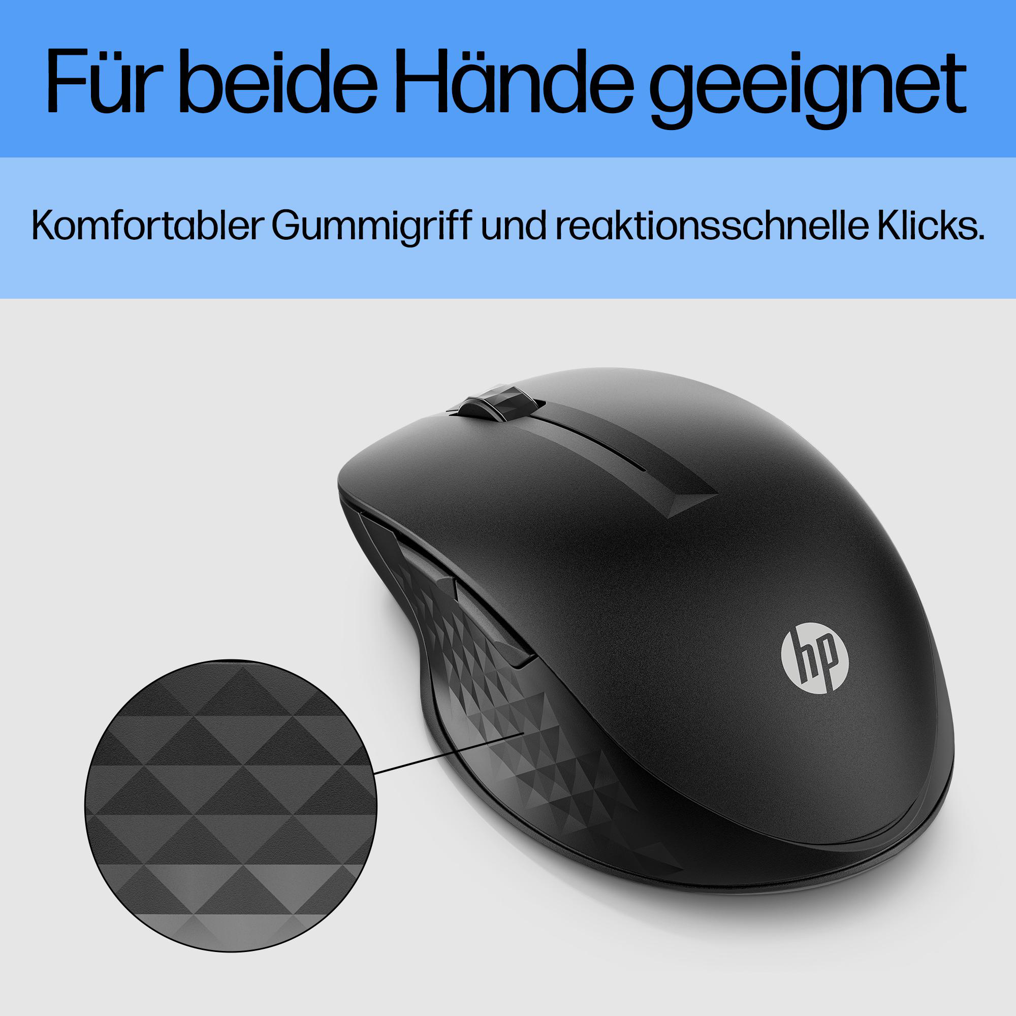 Schwarze HP-Maus auf weißer Oberfläche. Der Text oben lautet 'Für beide Hände geeignet'. Enthält eine Nahaufnahme.