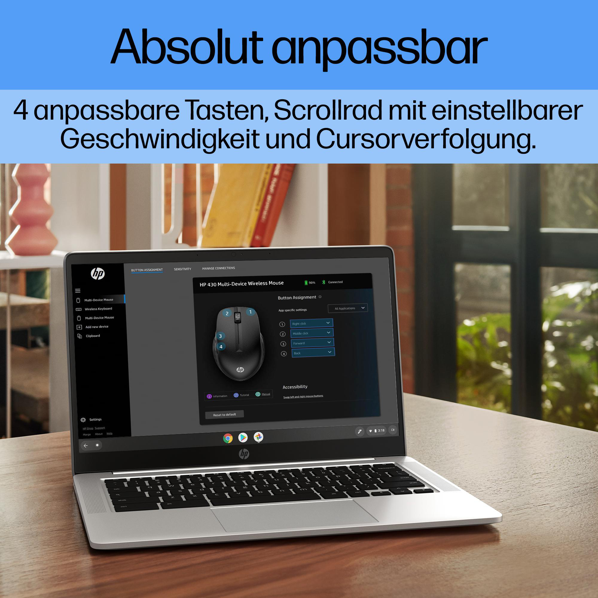 Laptop zeigt HP-Mauseinstellungen. Text: 4 anpassbare Tasten, Scrollrad mit einstellbarer Geschwindigkeit und Cursorverfolgung.
