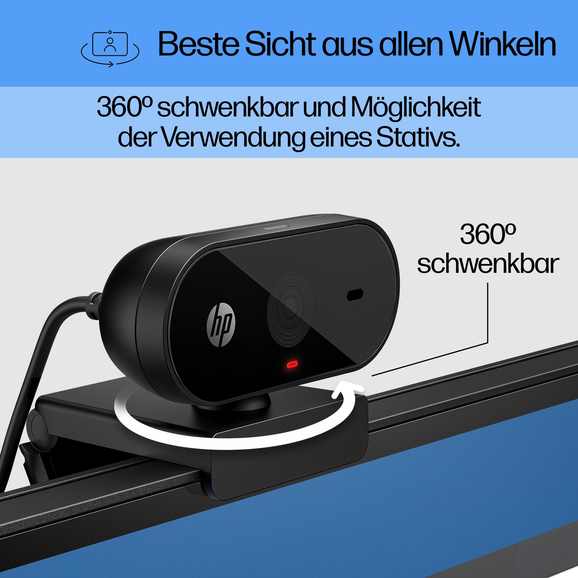 Eine schwarze HP-Webcam mit 360-Grad-Drehung ist an einem Bildschirm befestigt. Text hebt beste Sicht aus allen Winkeln hervor.