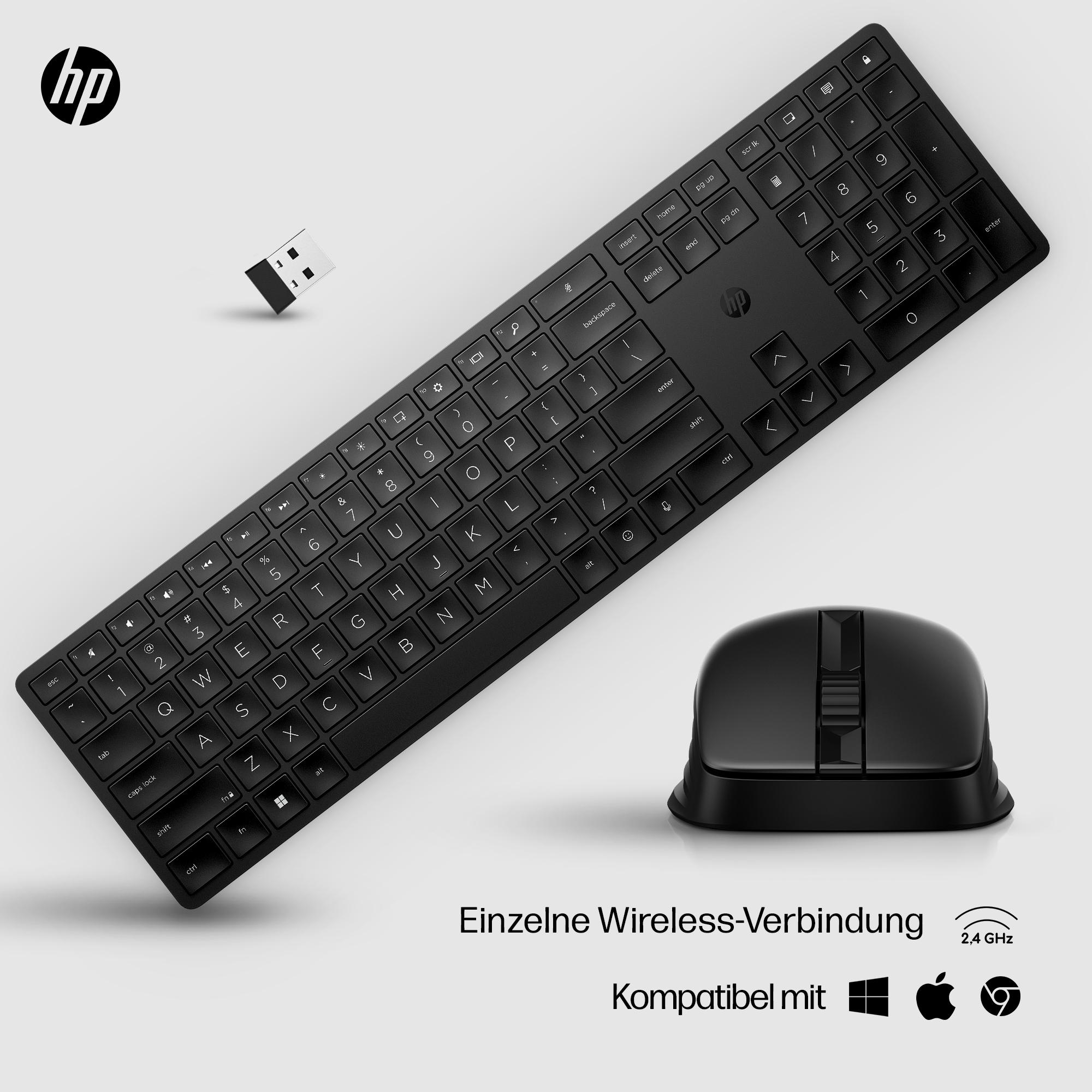 Schwarzes drahtloses HP-Tastatur- und Maus-Set. Enthält einen USB-Empfänger. Verfügt über einen Ziffernblock und Funktionstasten.