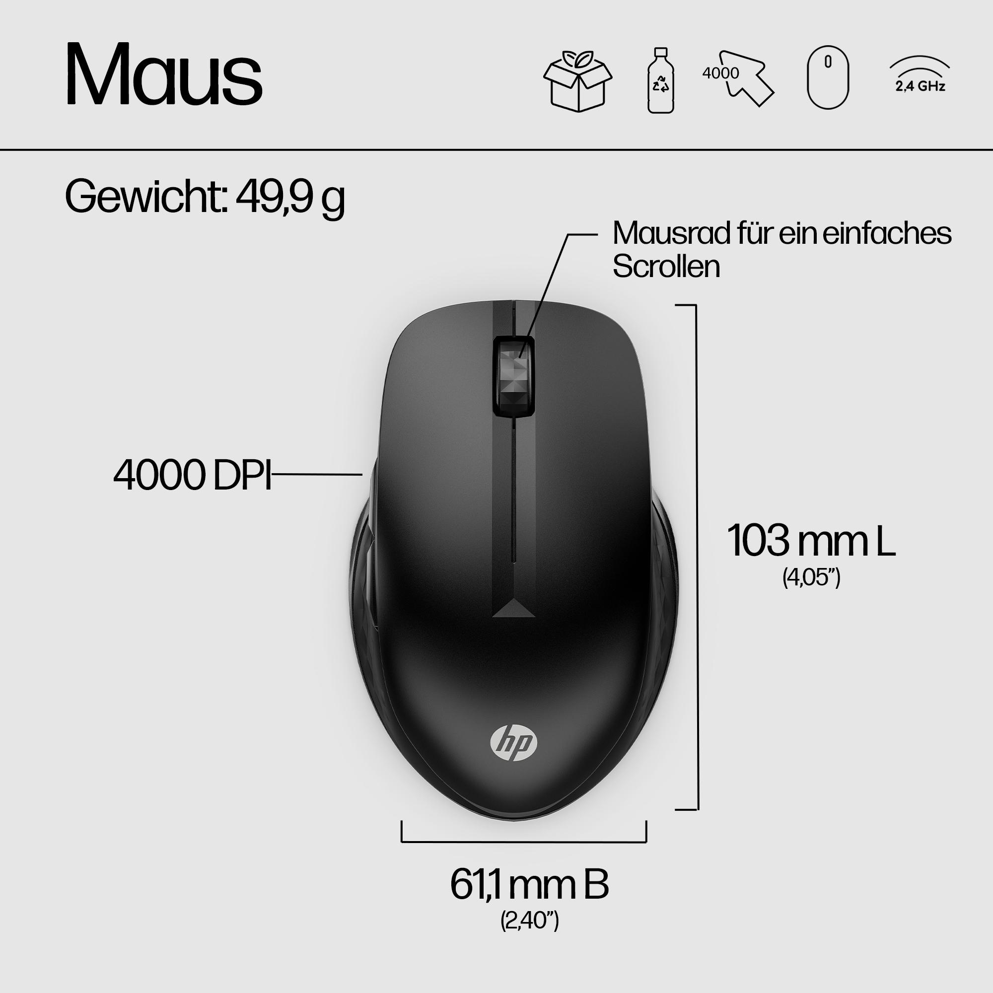 Schwarze HP-Maus mit Abmessungen und Spezifikationen. Enthält 4000 DPI, Scrollrad und 2,4 GHz.