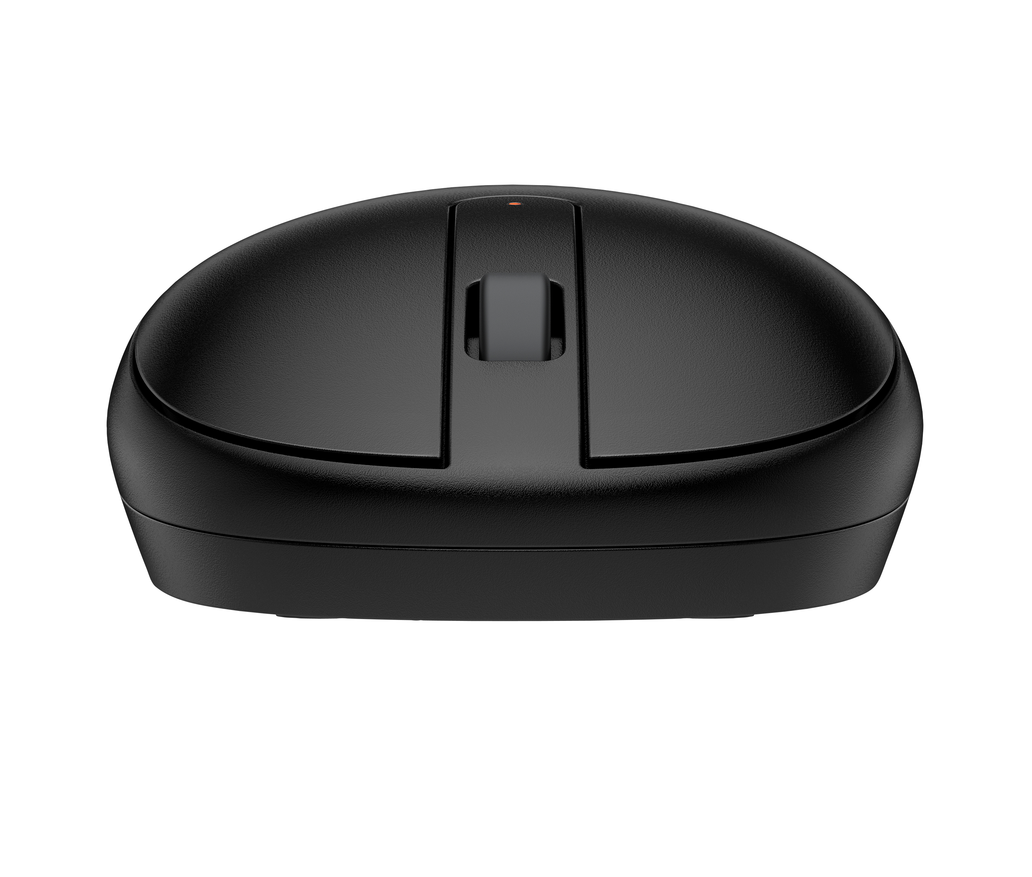 Eine schwarze Computermaus vor weißem Hintergrund. Sie hat ein Scrollrad und ein rotes Licht.
