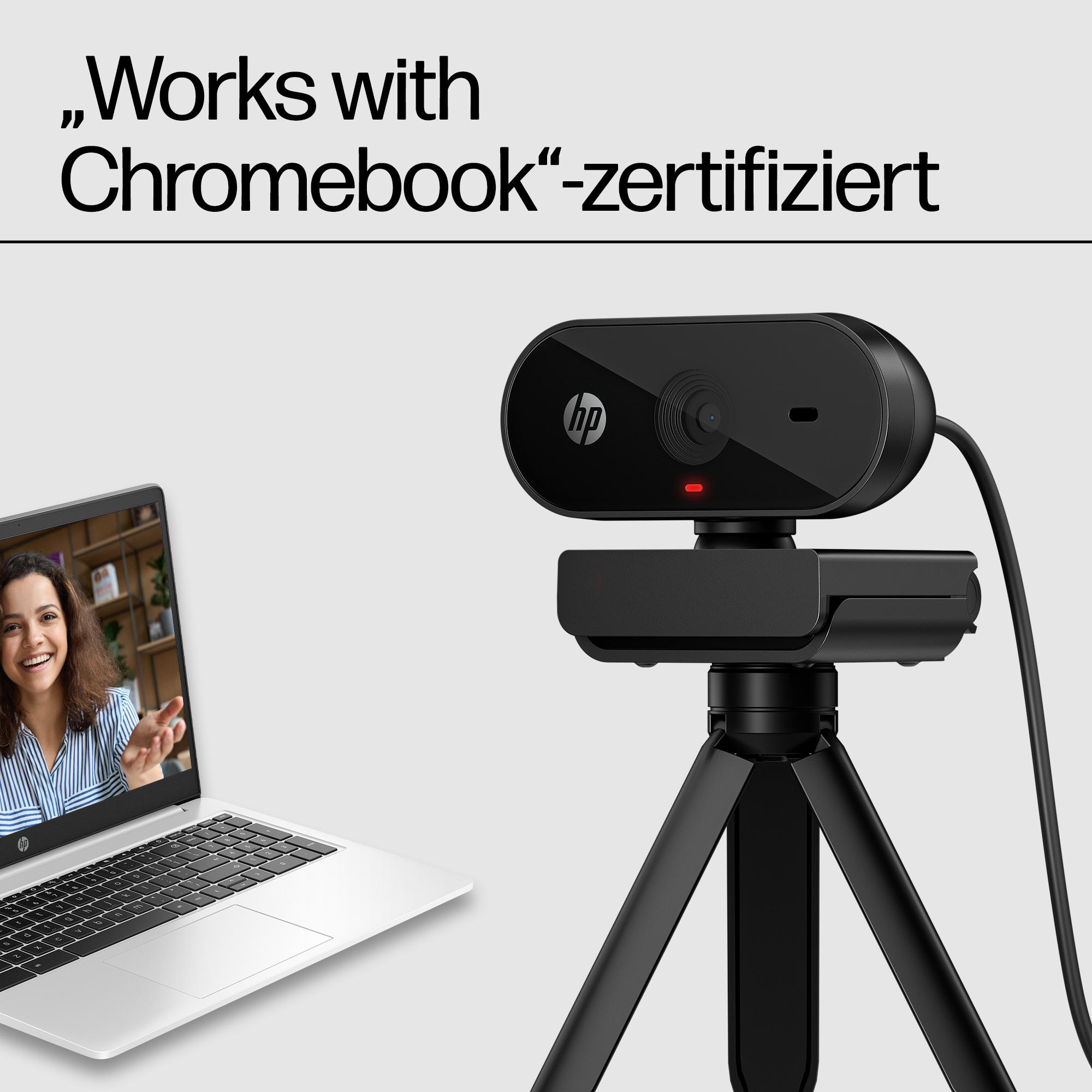 Eine schwarze Webcam auf einem Stativ neben einem Laptop, der eine Frau in einem Videoanruf zeigt. Der Text lautet 'Works with Chromebook'.