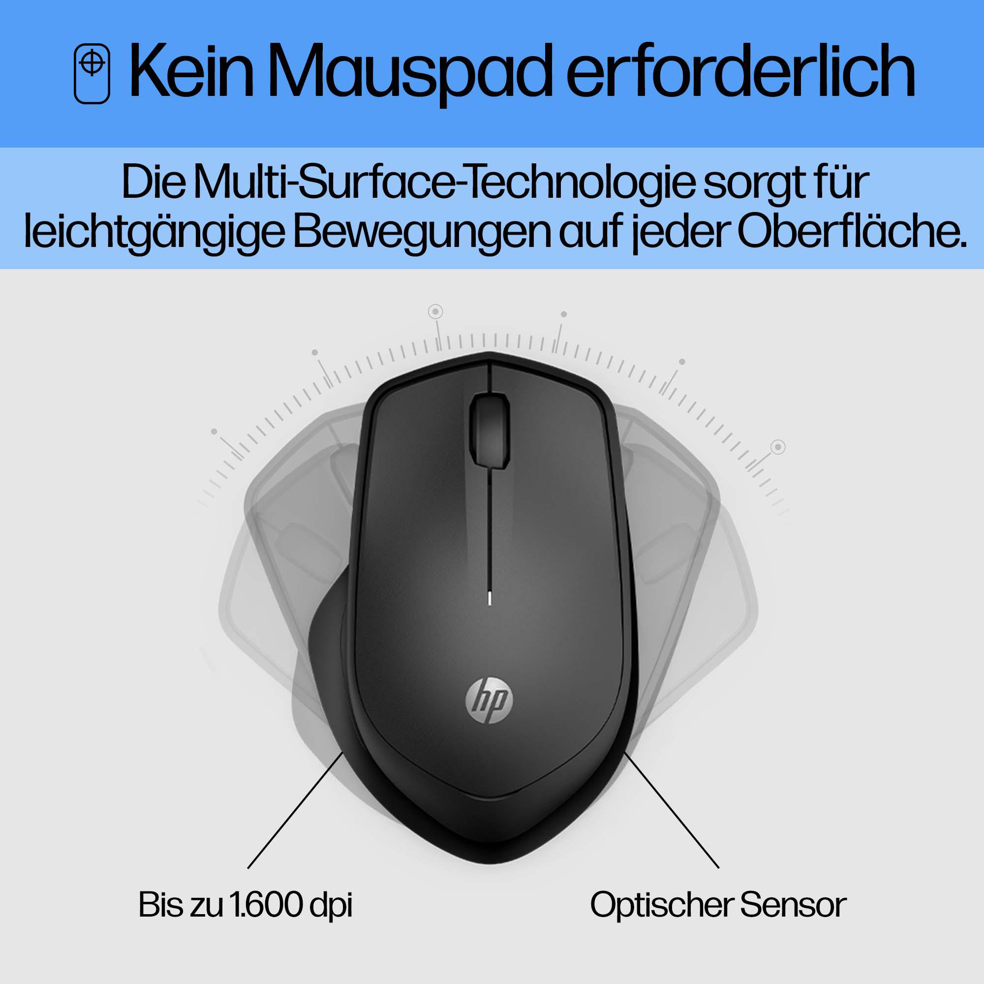 Schwarze HP-Maus. Text: Kein Mauspad erforderlich, Multi-Surface-Technologie. Eigenschaften: bis zu 1.600 dpi, optischer Sensor.