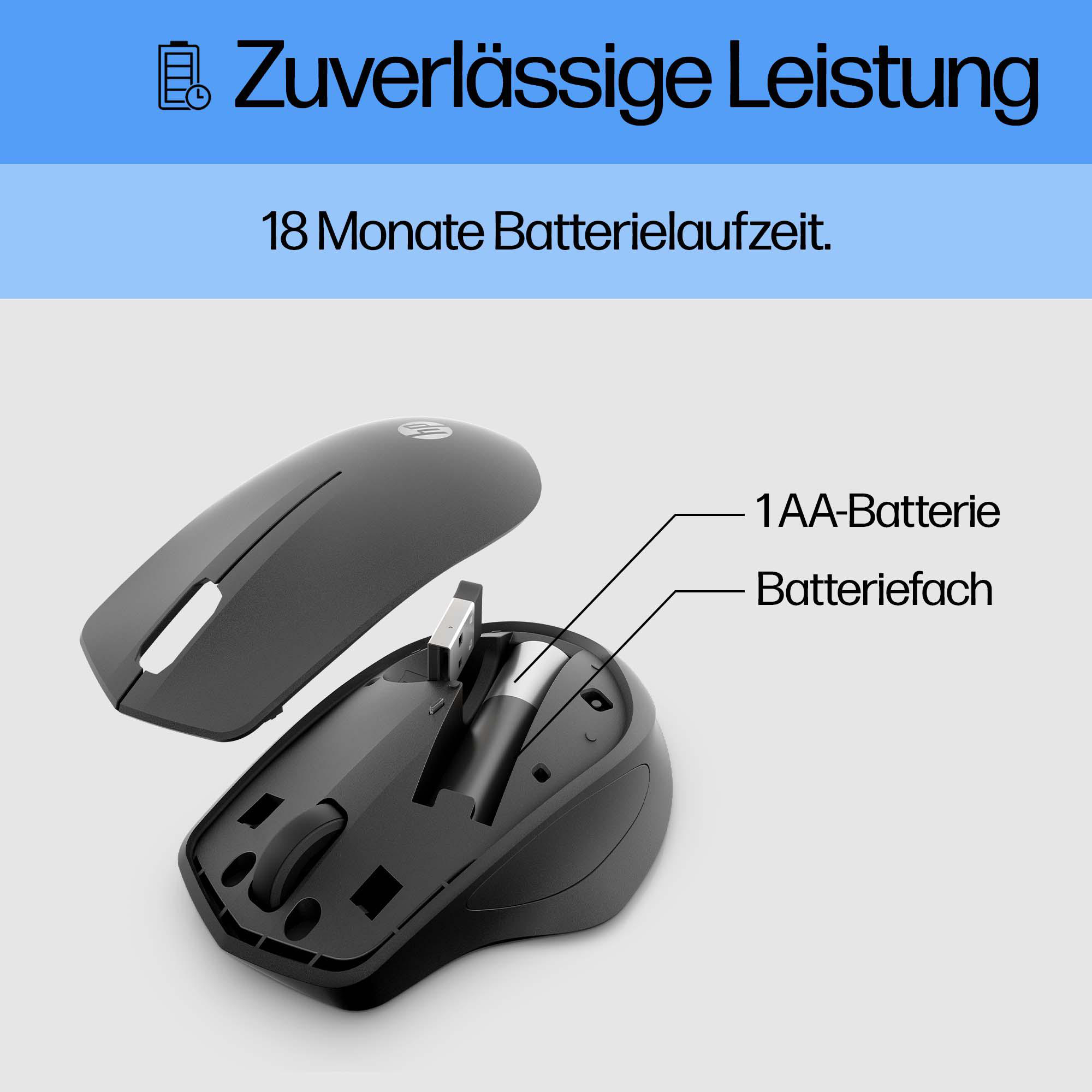 Schwarze Maus mit offenem Deckel, der das Batteriefach zeigt. Text: Zuverlässige Leistung. 18 Monate Akkulaufzeit.
