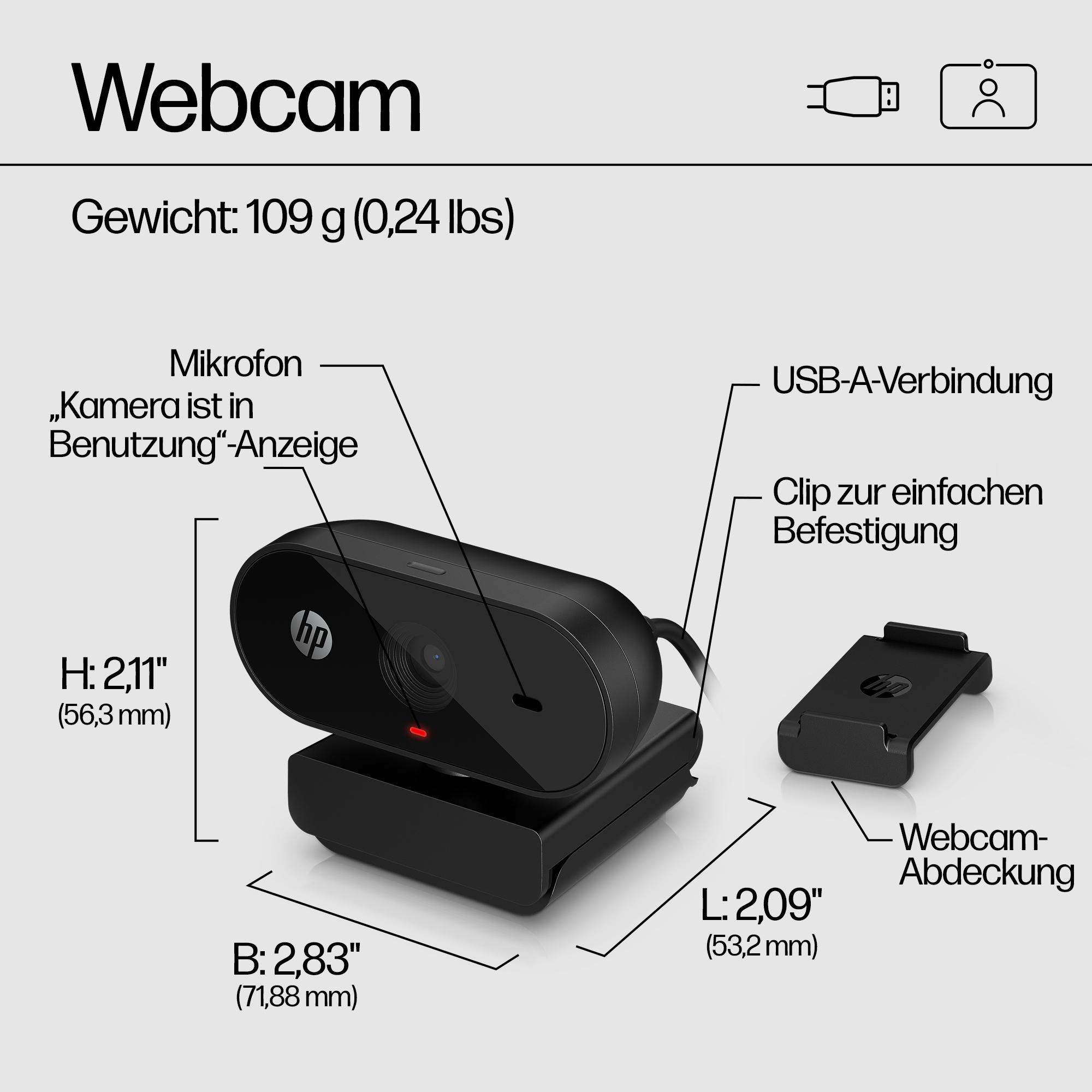Schwarze Webcam mit HP-Logo und Abmessungen. Merkmale sind Mikrofon, USB-Anschluss und Webcam-Abdeckung.