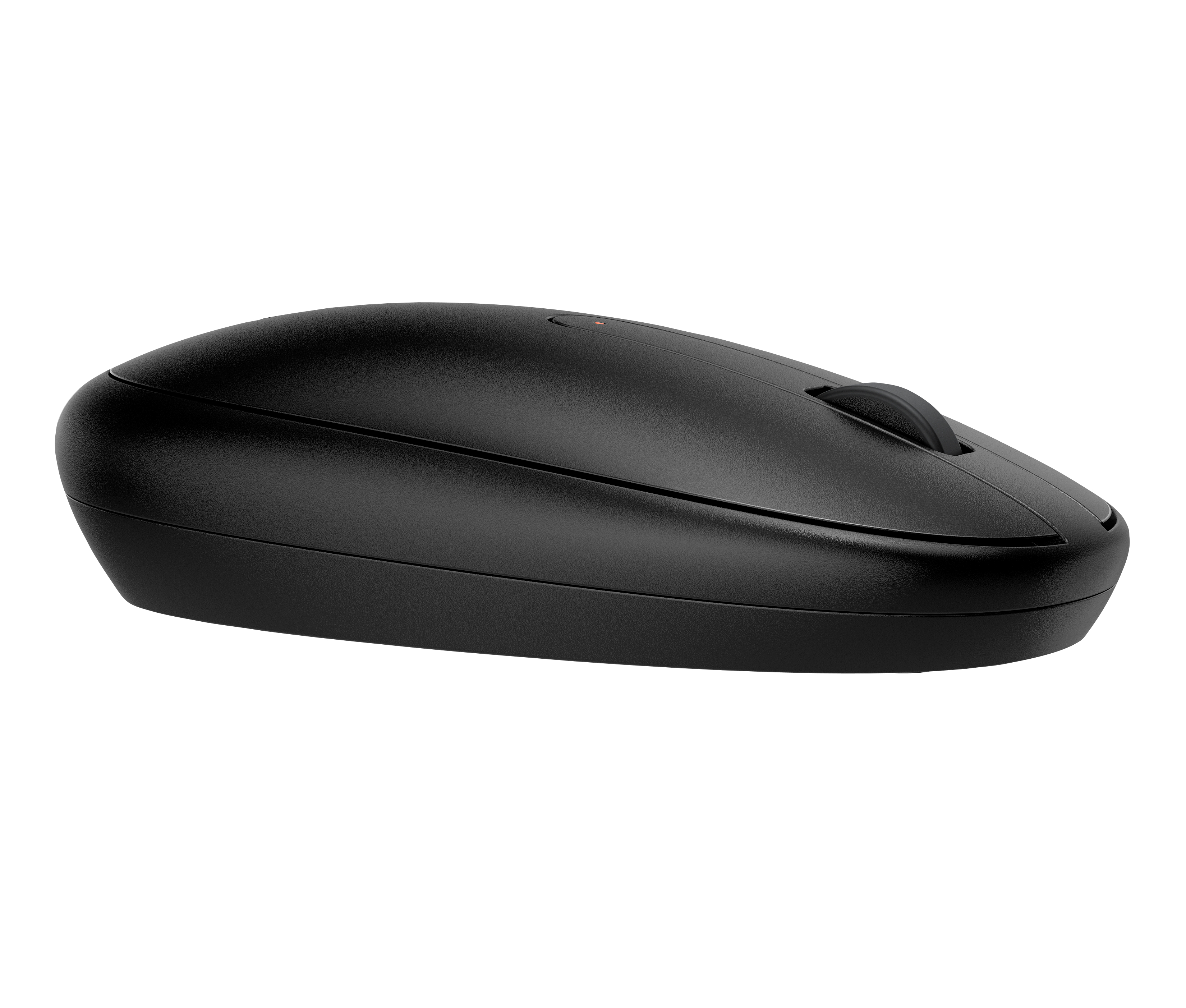 Eine schwarze Computermaus mit einem Scrollrad ist auf weißem Hintergrund isoliert. Es hat eine glatte Oberfläche.