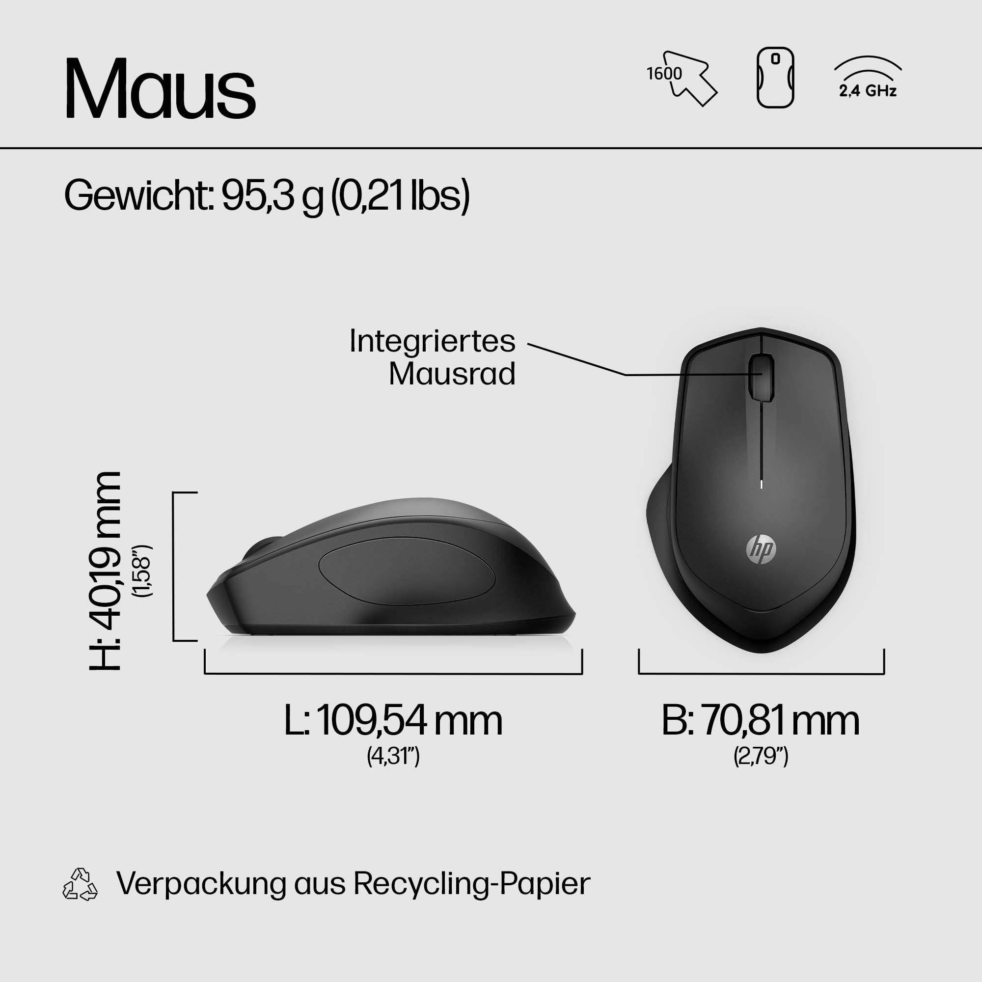 Das Bild zeigt eine schwarze Computermaus. Sie enthält Abmessungs- und Gewichtsangaben. Die Marke ist HP.
