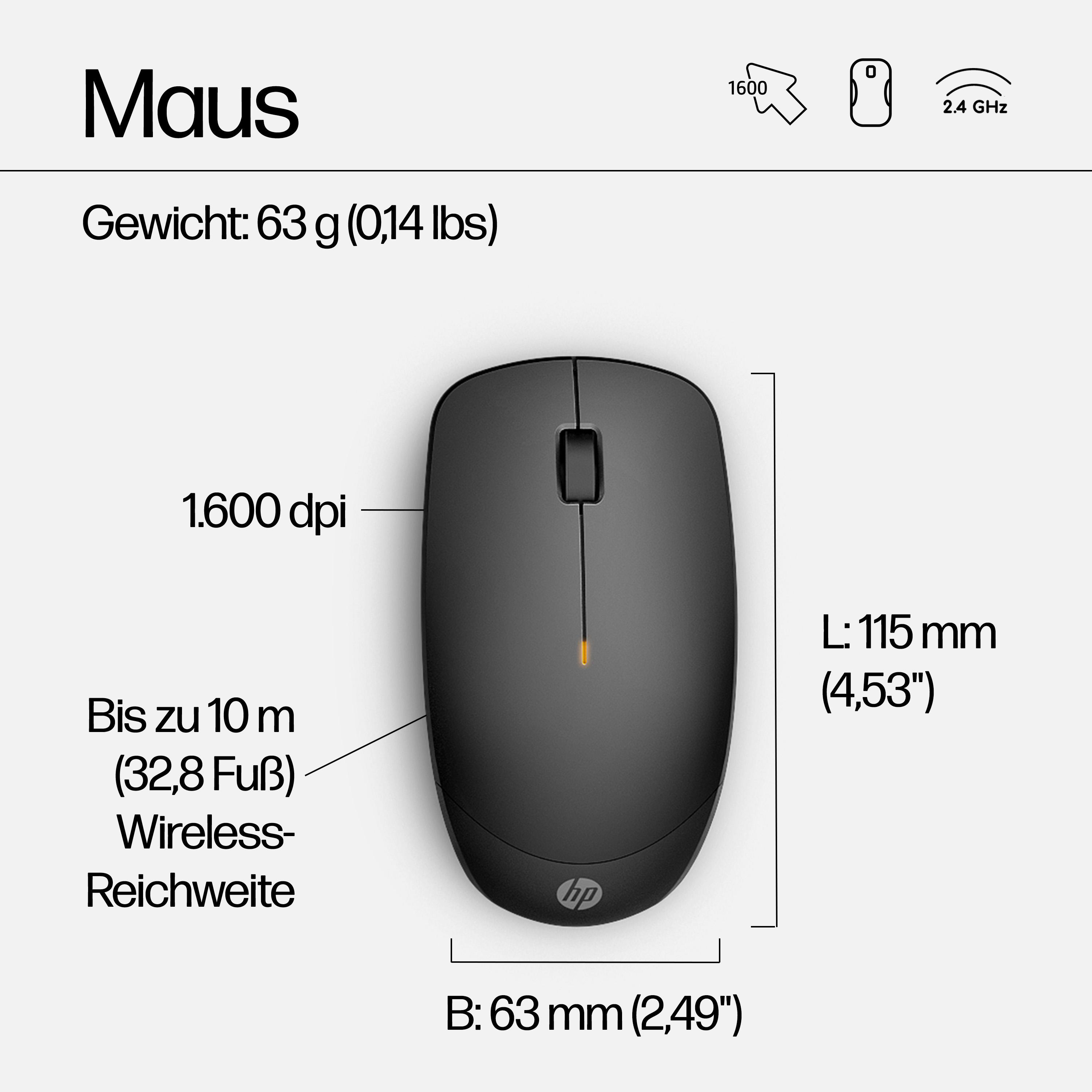 Schwarze HP-Maus mit Spezifikationsdetails. Die Maus ist kabellos und hat eine DPI von 1600. Abmessungen sind angegeben.