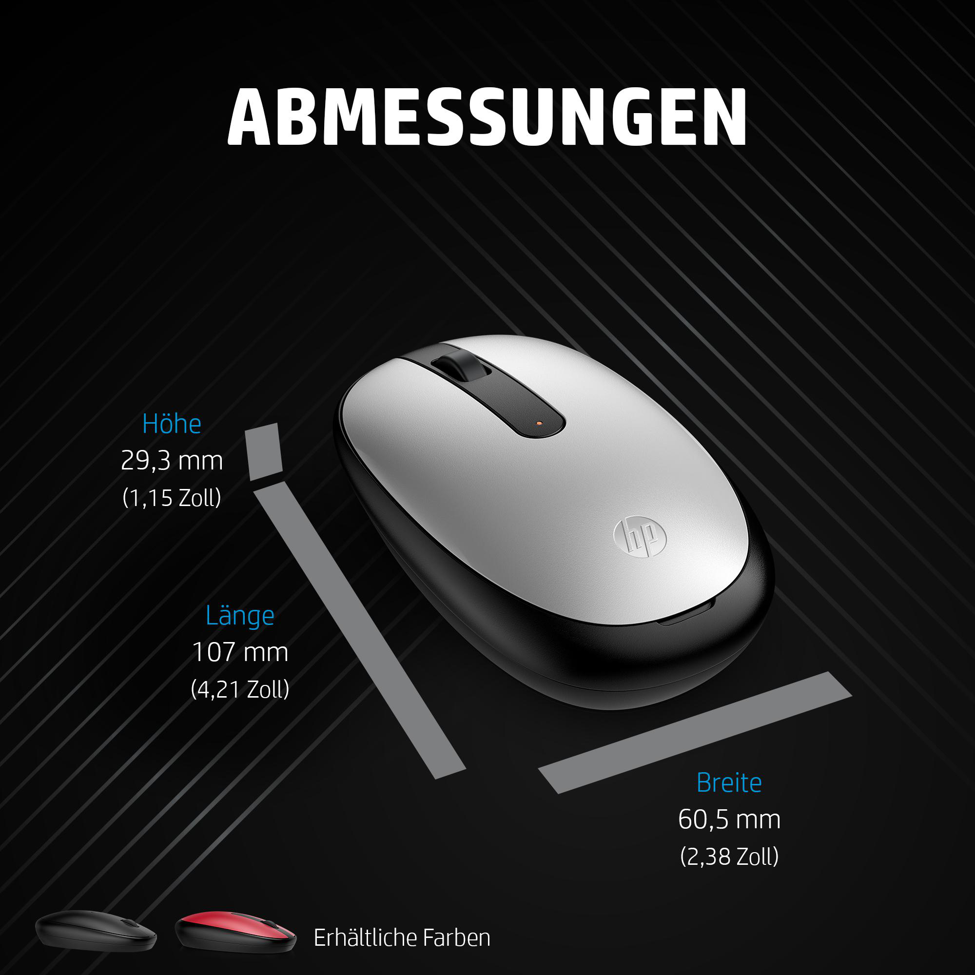Eine weiße und schwarze HP-Maus mit angezeigten Abmessungen. Der Text 'ABMESSUNGEN' steht oben. Verfügbare Farben werden angezeigt.