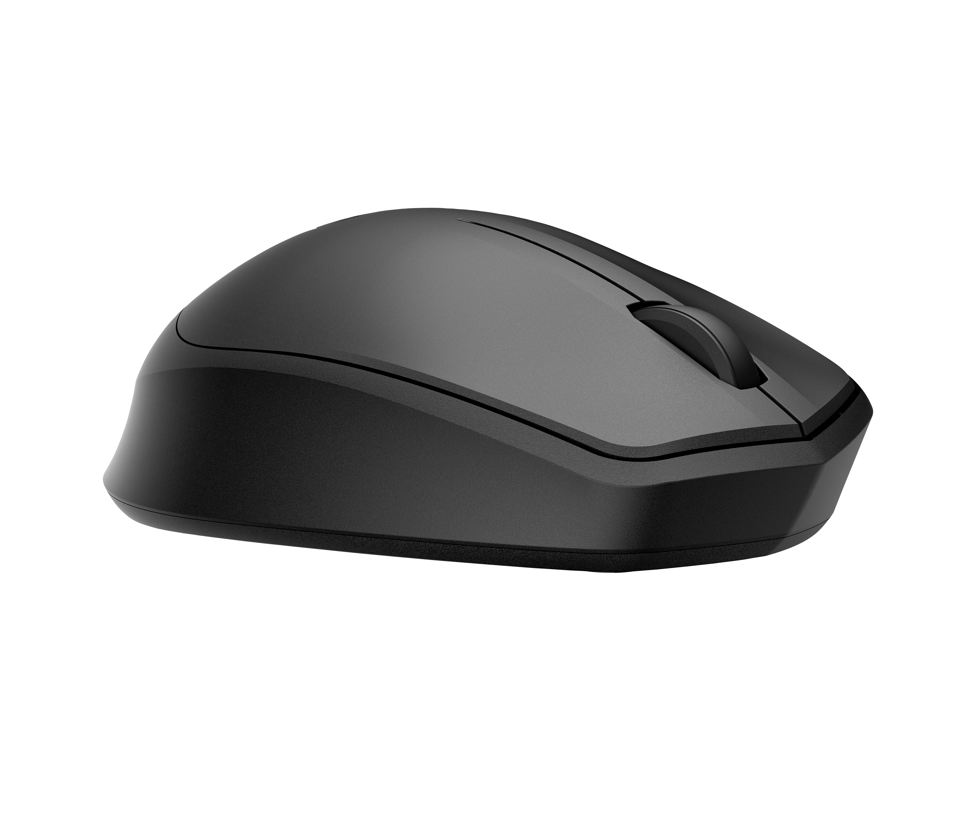 Eine schwarze Computermaus vor weißem Hintergrund. Sie hat ein Scrollrad und zwei Tasten.