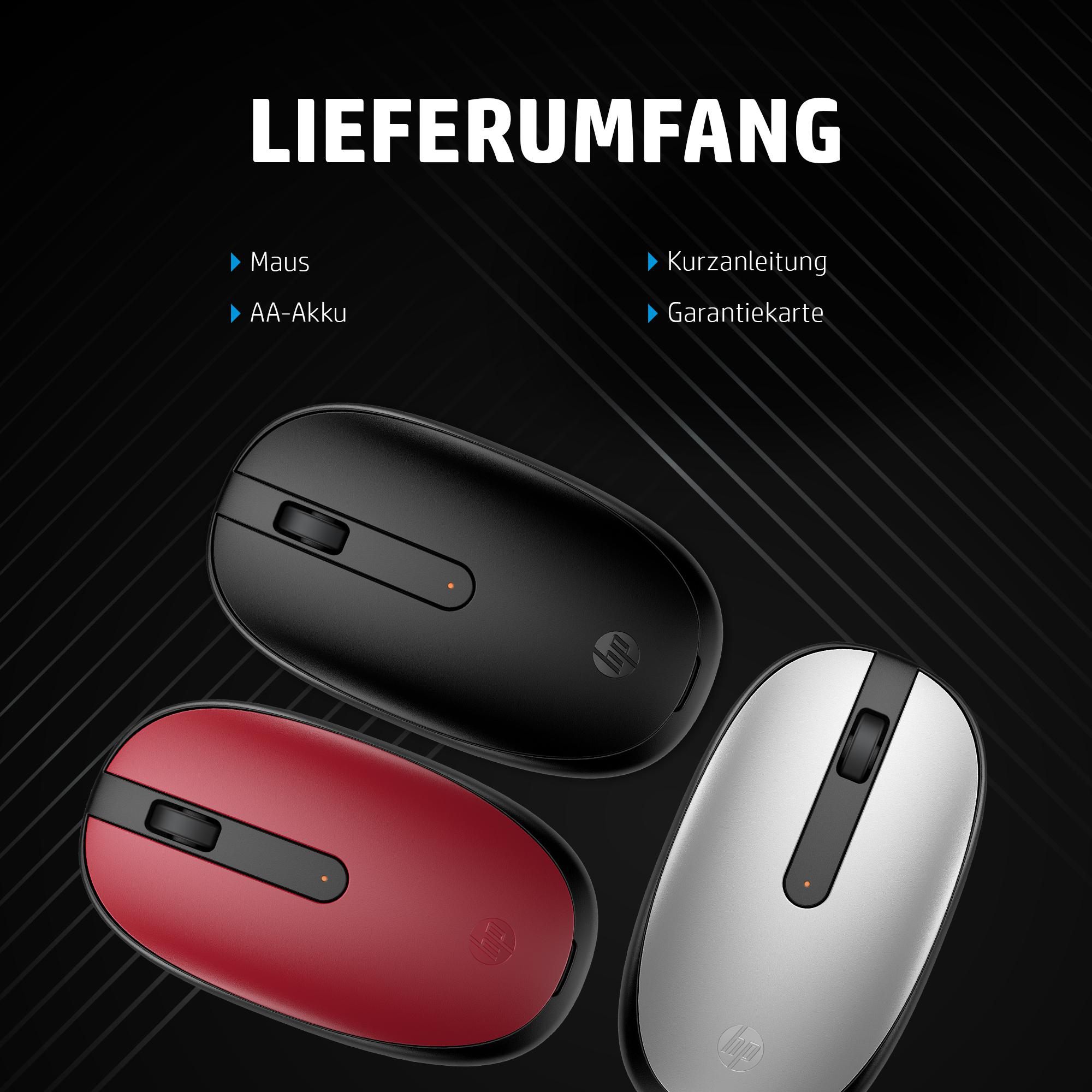 Das Bild zeigt drei kabellose HP-Mäuse: schwarz, rot und silber. Zu den Merkmalen gehören ein Scrollrad, eine Power-Taste und das HP-Logo.