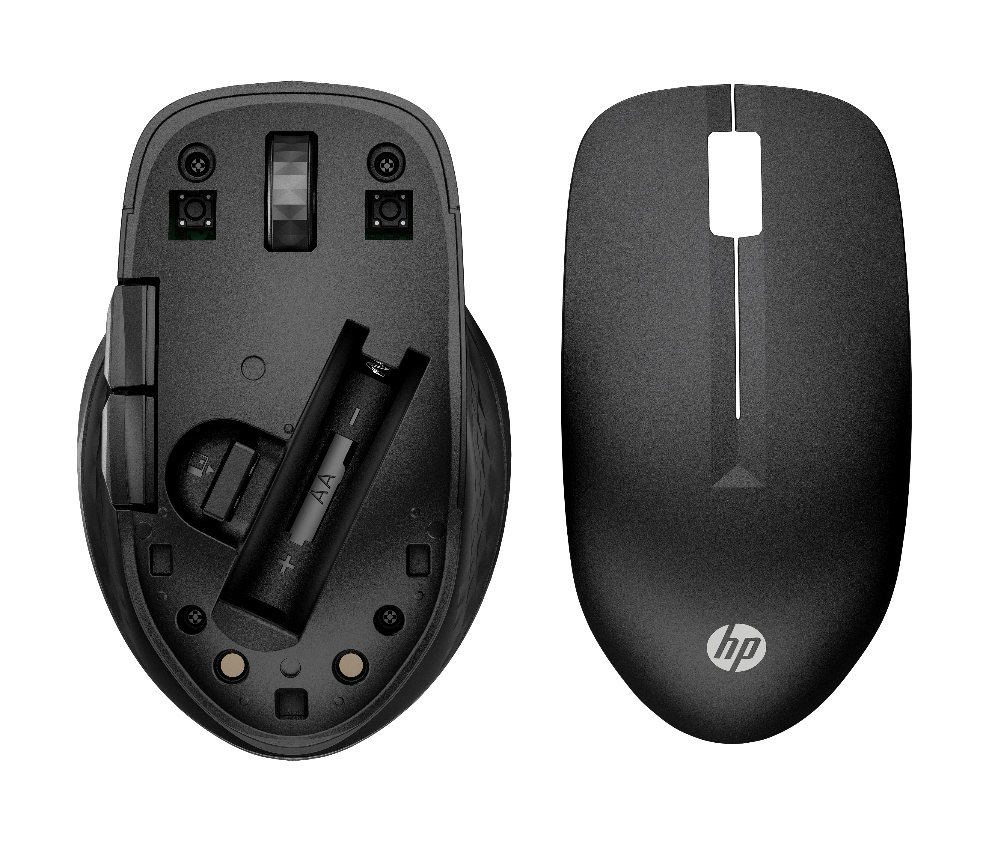 Schwarze HP-Maus, Ansichten von oben und unten. Die Unterseite zeigt Batteriefach und Innenkomponenten. Die Oberseite zeigt eine glatte Oberfläche.