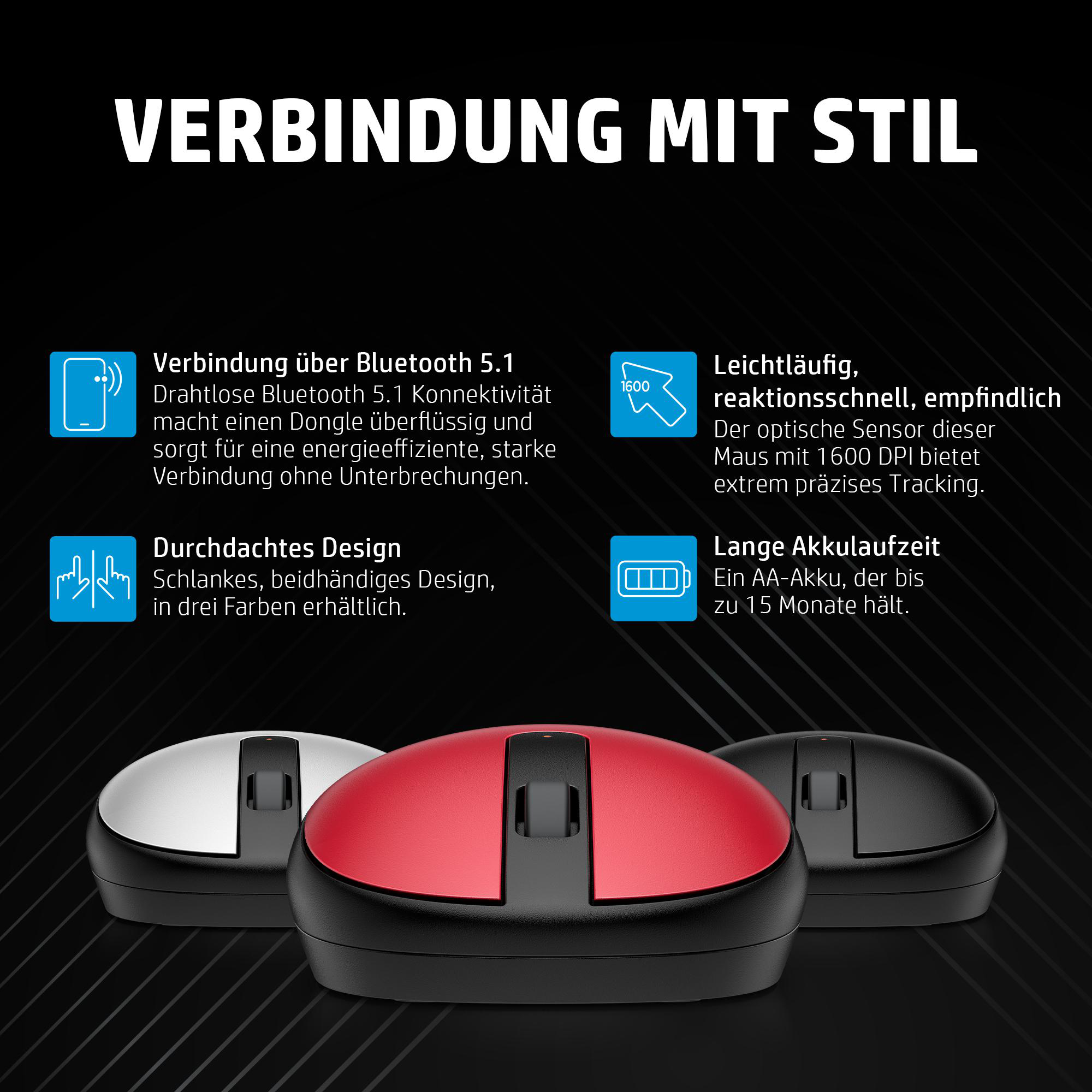 Das Bild zeigt drei Computermaus in verschiedenen Farben, mit Produktinformationen auf der Seite.