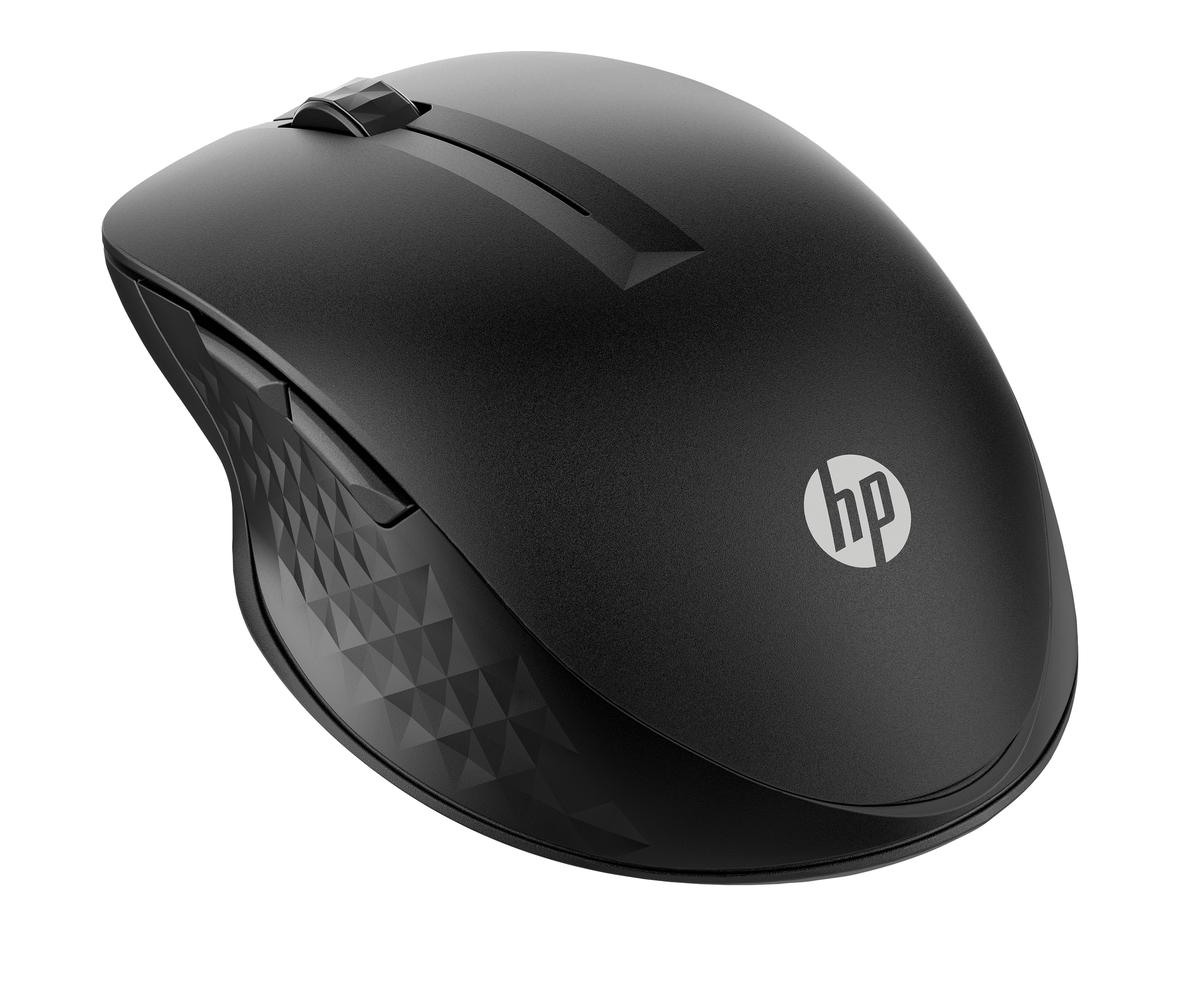 Schwarze kabellose HP-Maus. Sie hat ein Scrollrad, Tasten und das HP-Logo.