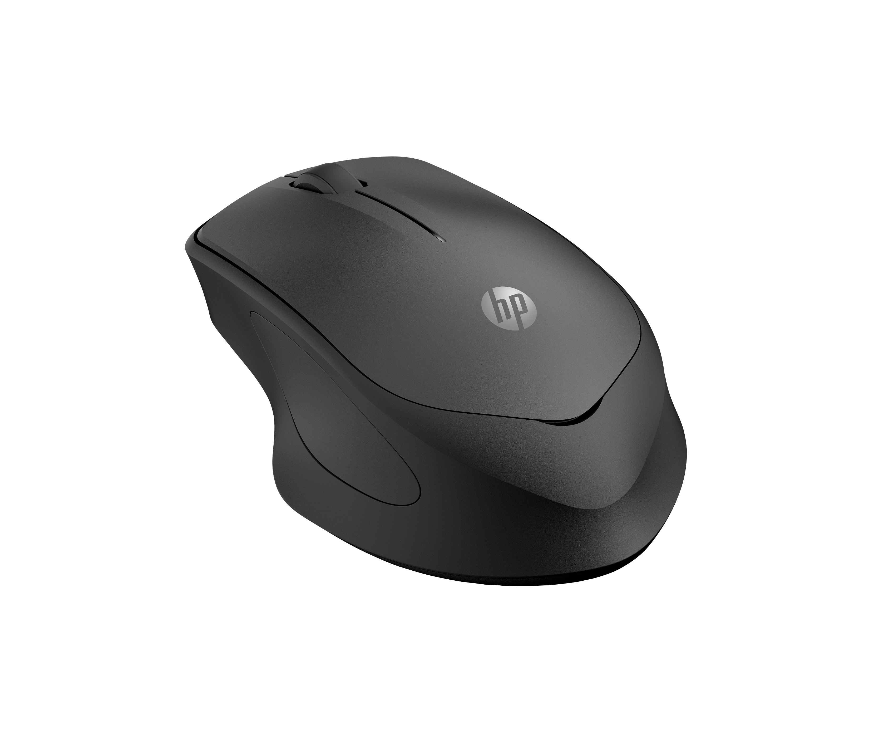 Eine schwarze kabellose HP-Maus auf weißem Hintergrund. Sie hat ein Scrollrad und das HP-Logo.