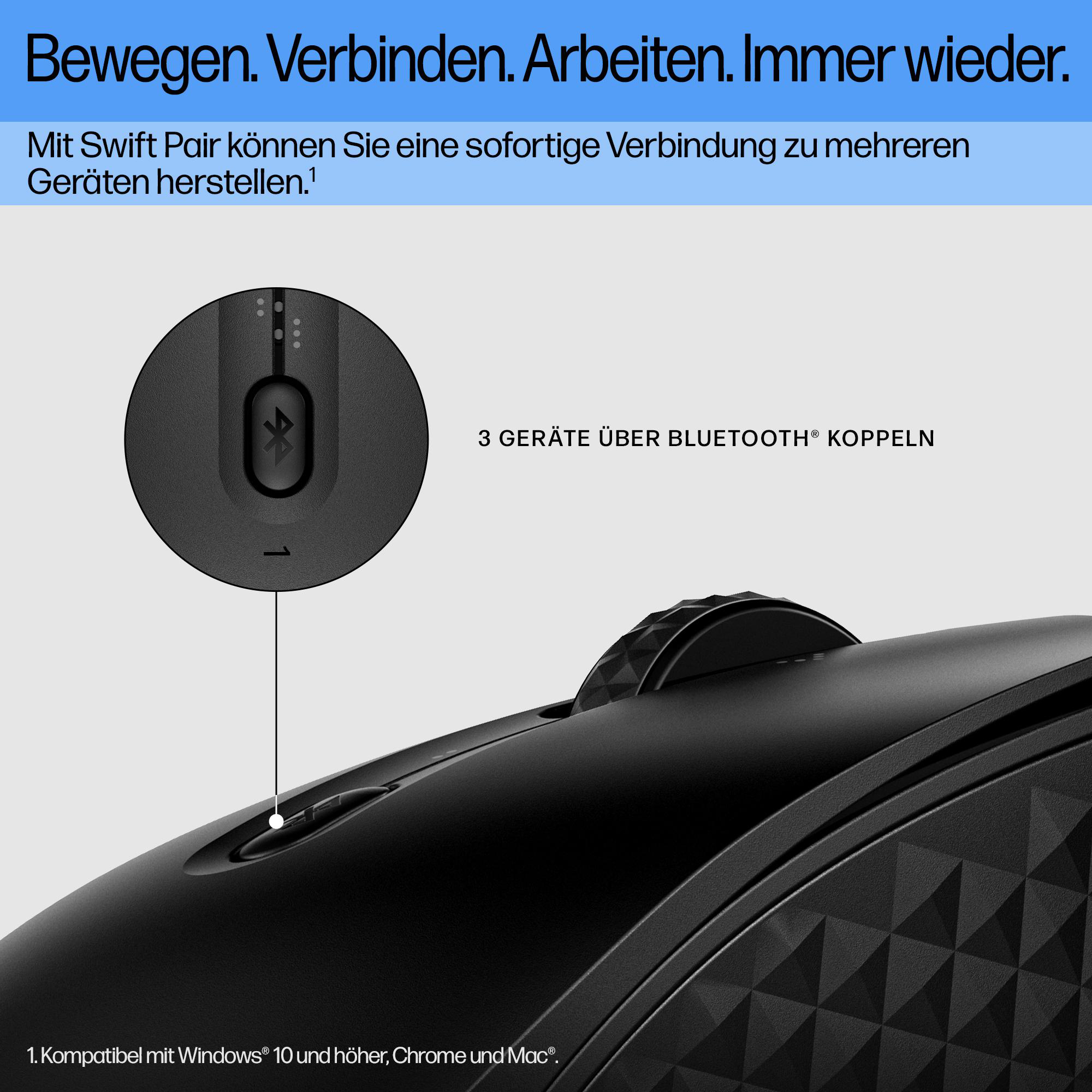 Schwarze Maus mit Bluetooth-Kopplungstaste, Text auf Deutsch. Das Bild wirbt für die Verbindung mit mehreren Geräten.