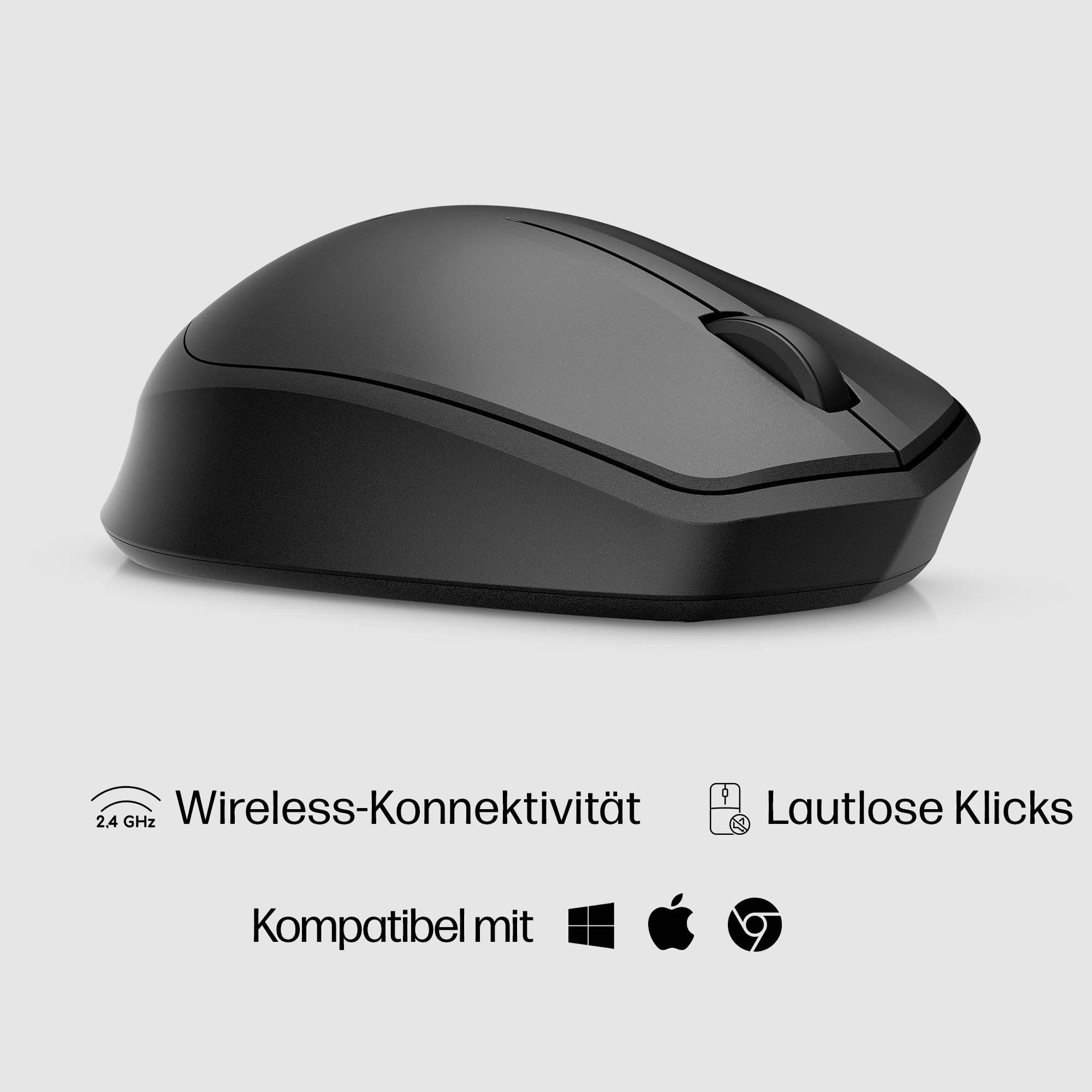 Eine schwarze kabellose Maus mit einem Scrollrad. Text unten zeigt leise Klicks und Kompatibilität mit Windows, Apple und Chrome.