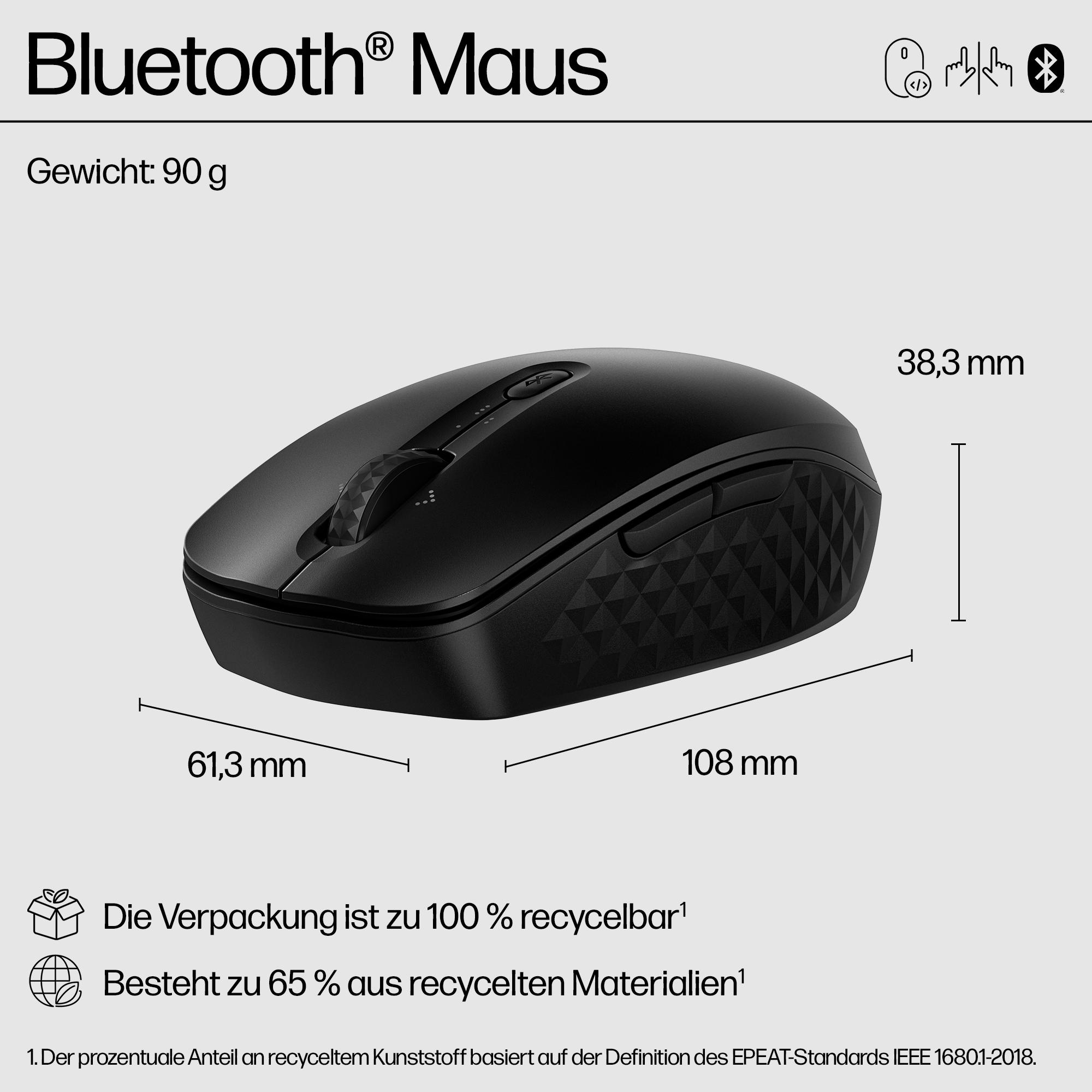 Schwarze Bluetooth-Maus mit Abmessungen, 108 mm x 61,3 mm x 38,3 mm. Verpackung ist zu 100 % recycelbar. 65 % recycelte Materialien.