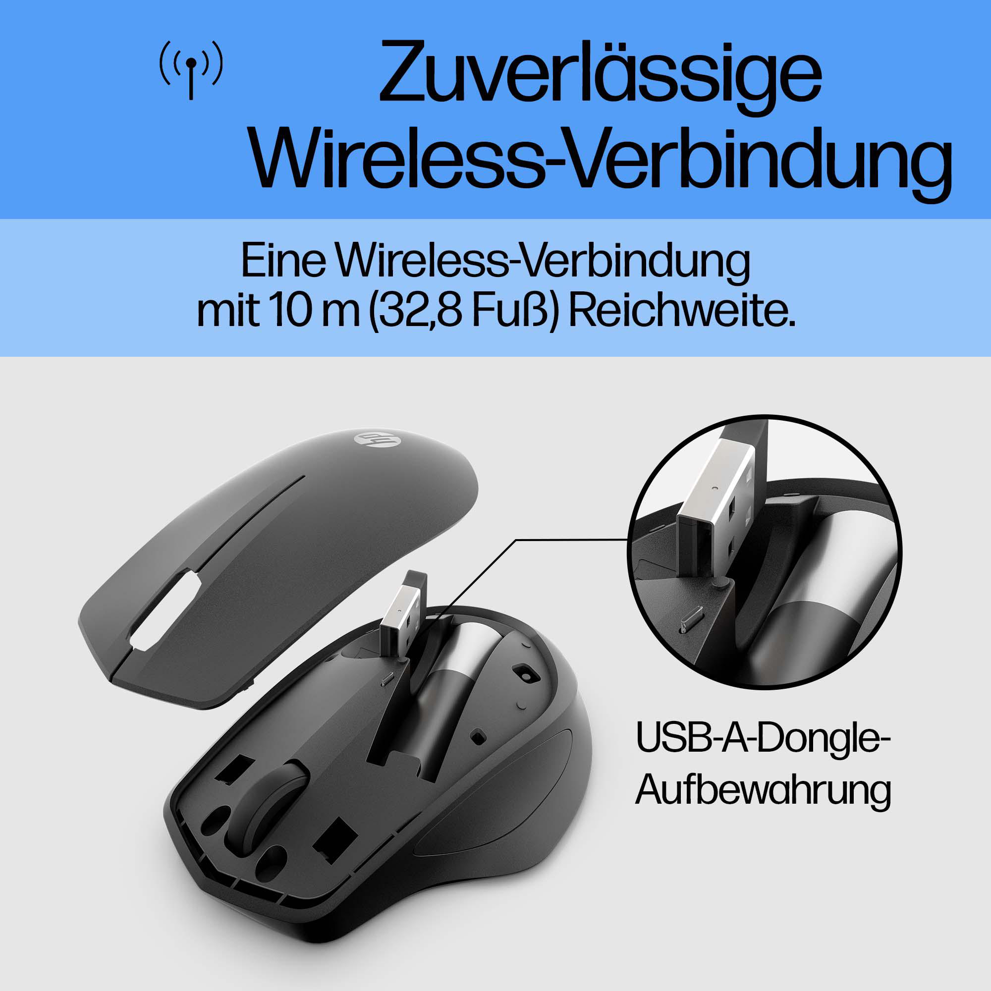 Schwarze Funkmaus mit USB-Dongle. Text auf Deutsch: Zuverlässige Wireless-Verbindung, 10m Reichweite. Dongle-Aufbewahrung.