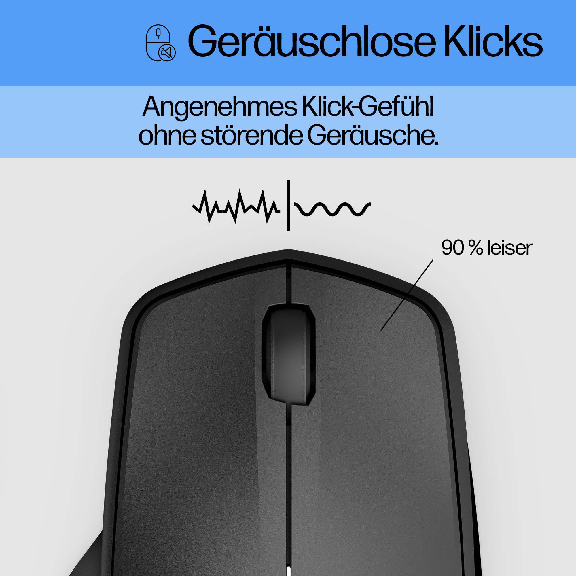 Schwarze Maus mit Text: 'Geräuschlose Klicks'. Zeigt Schallwellen und '90% leiser'. Blauer und weißer Hintergrund.