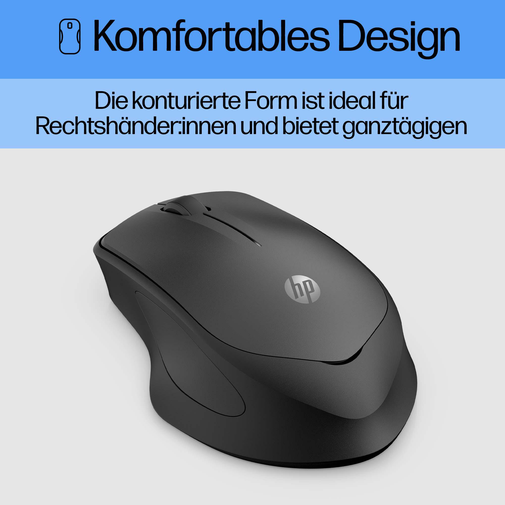 Eine schwarze HP-Maus auf weißem Grund. Text darüber lautet: 'Komfortables Design'.
