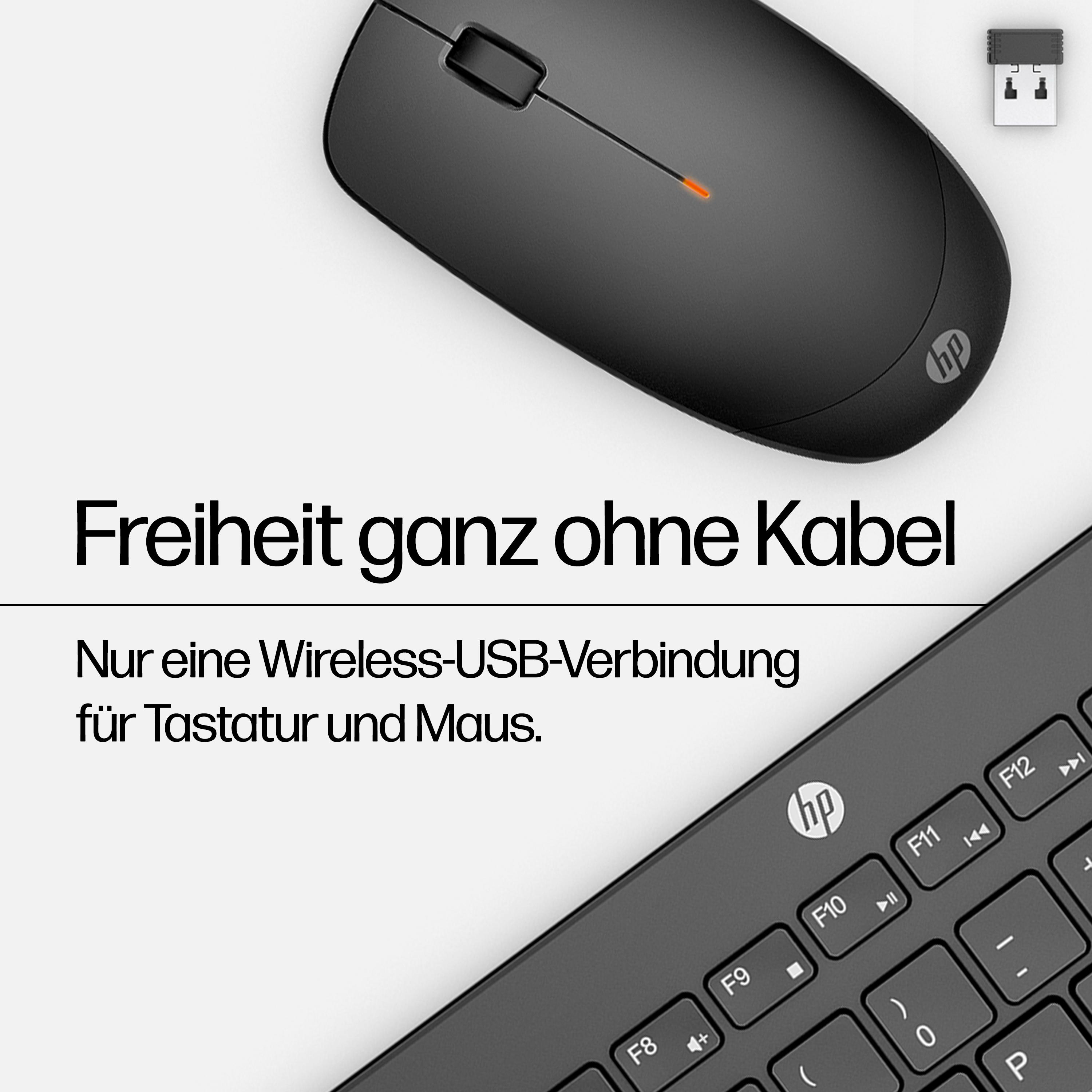Eine schwarze kabellose Maus und Tastatur werden angezeigt. Der Text lautet 'Freiheit ohne Kabel'.