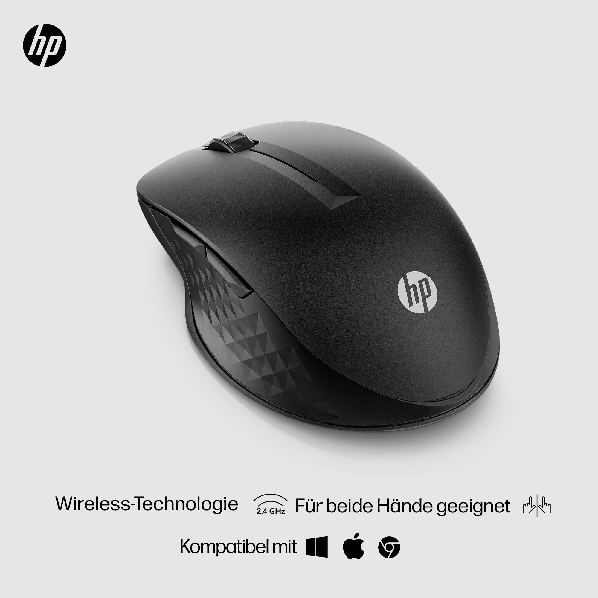 Schwarze HP Funkmaus. Mit HP-Logo. Für beide Hände geeignet. Kompatibel mit Windows, Apple und Chrome.