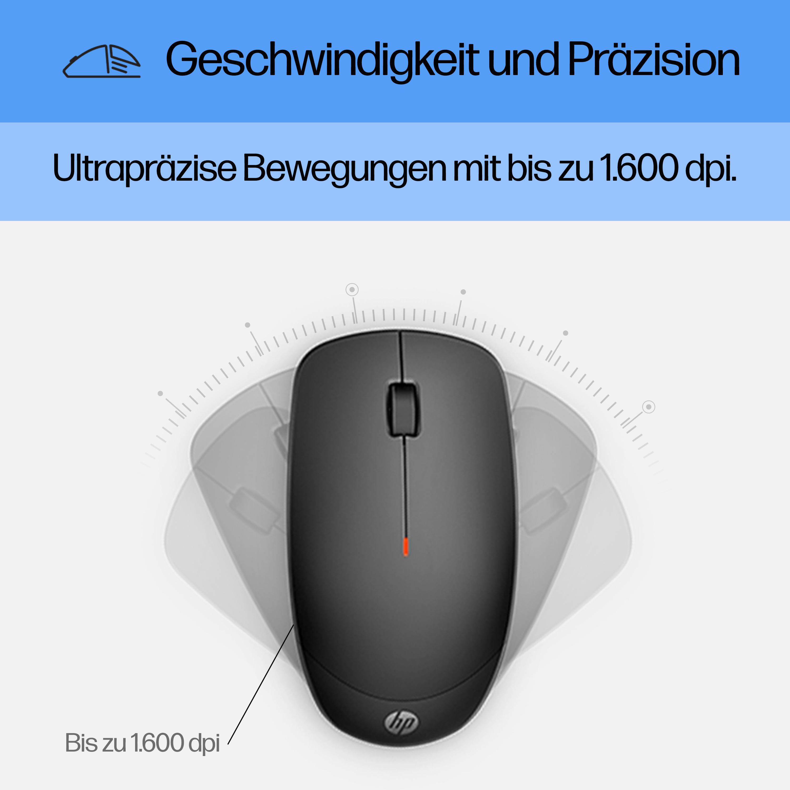 Eine schwarze Computermaus mit HP-Logo, Text: Geschwindigkeit und Präzision, bis zu 1.600 dpi.