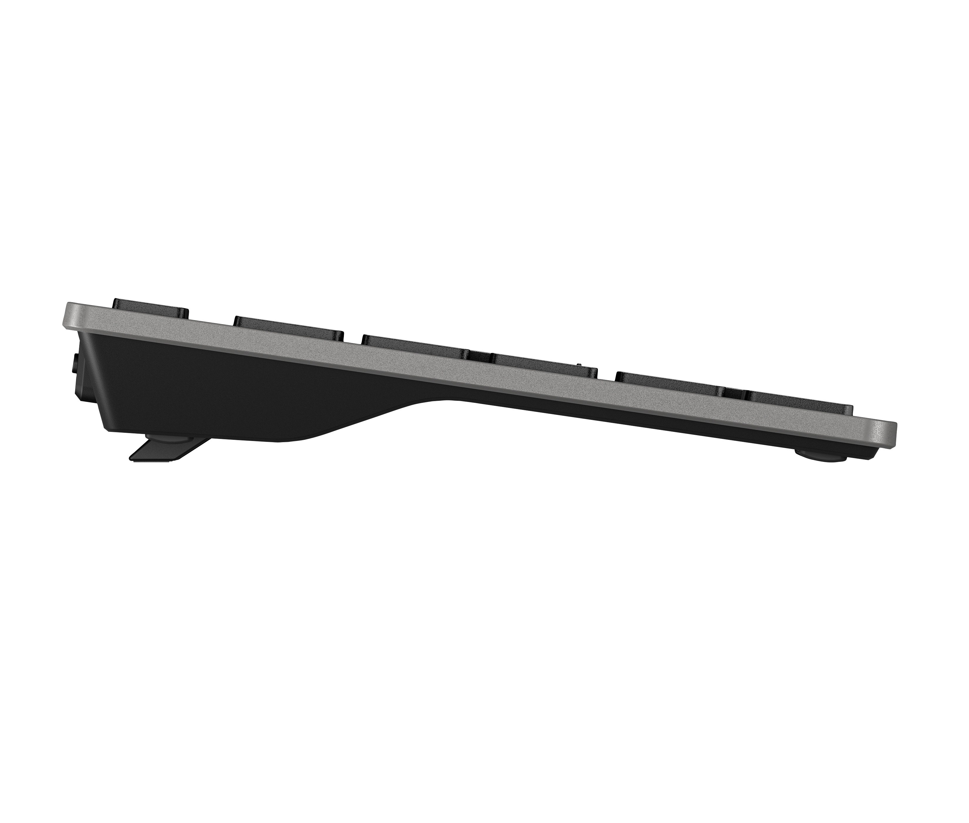 Seitenansicht einer Tastatur. Sie hat eine graue Oberseite und eine schwarze Unterseite. Die Tastatur befindet sich auf weißem Grund.