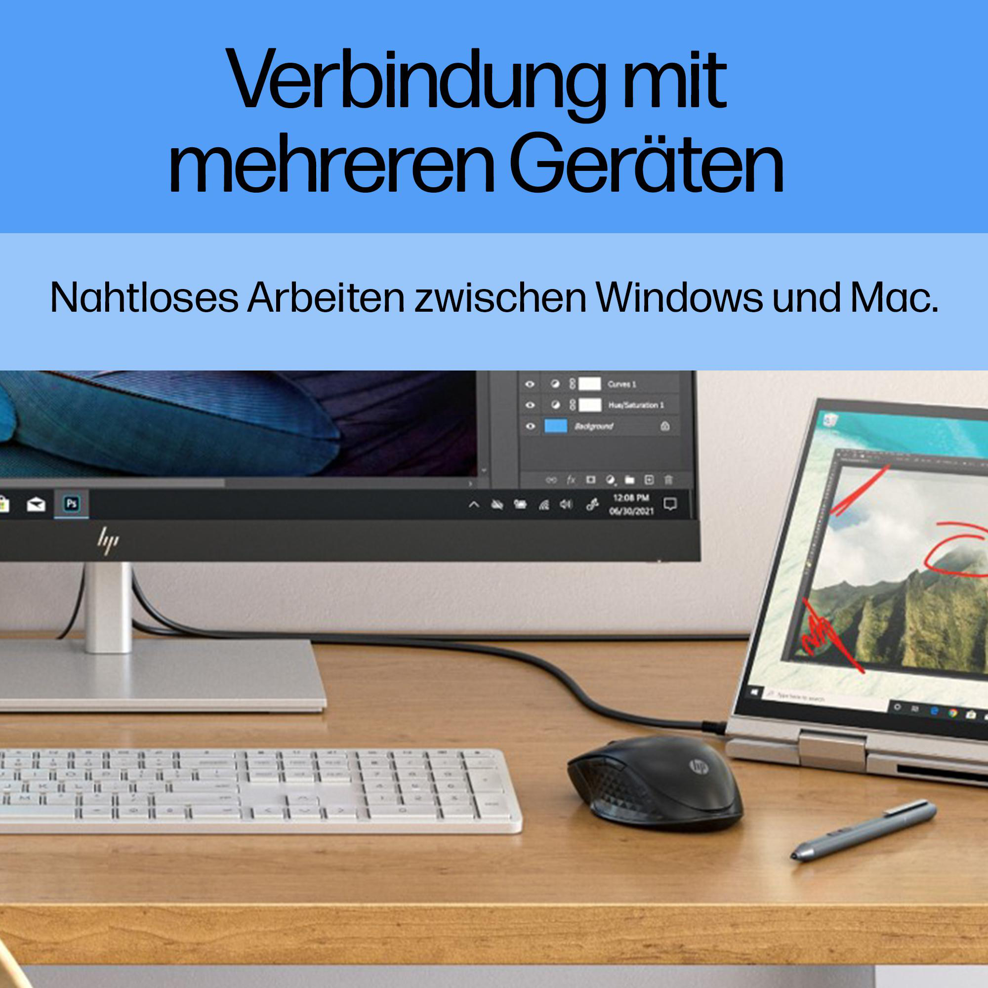 Ein Schreibtisch-Setup mit Monitor, Laptop, Tastatur und Maus. Text überlagert: 'Verbindung mit mehreren Geräten'.