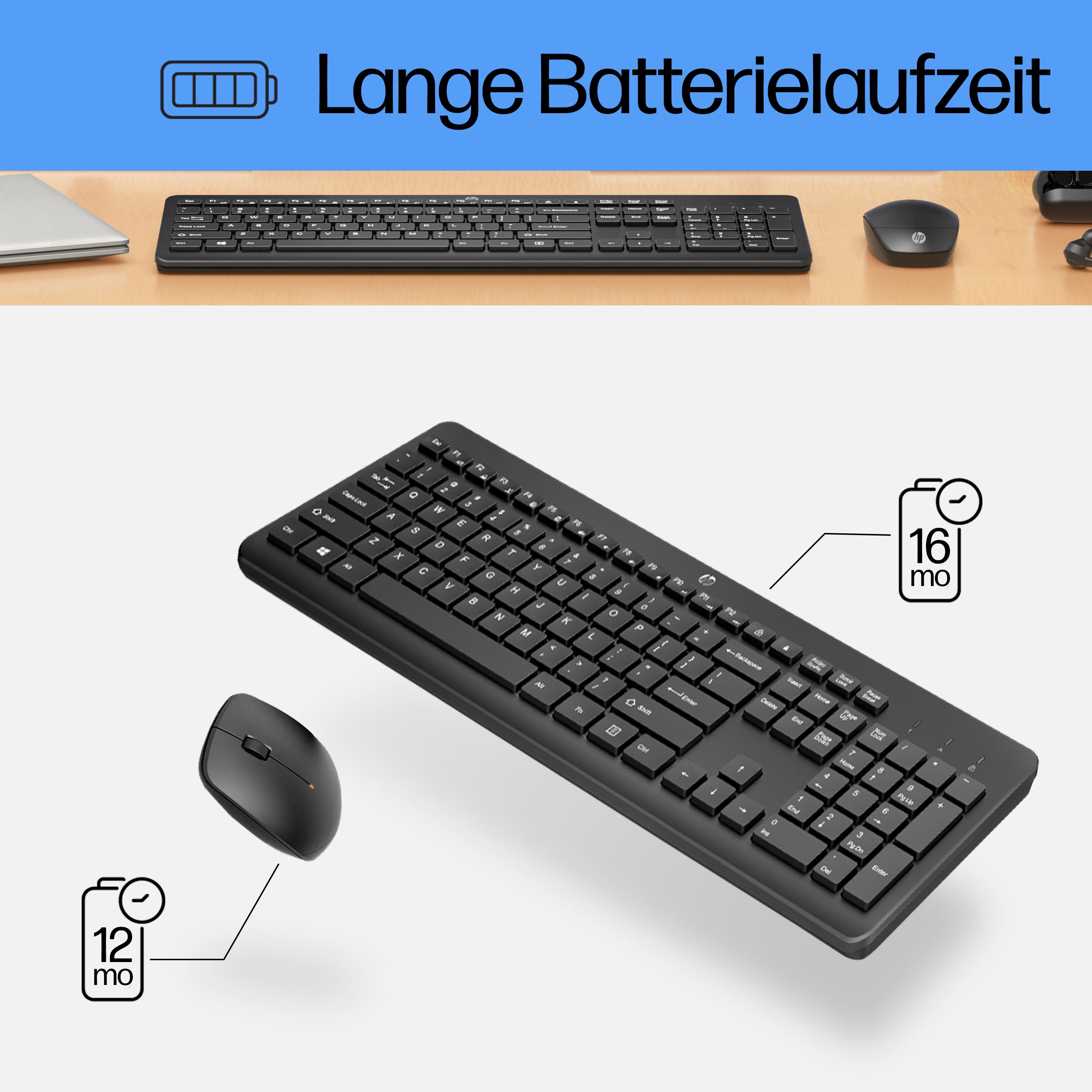 Schwarzes Tastatur- und Maus-Set. Zeigt die Akkulaufzeit von 12 und 16 Monaten an.