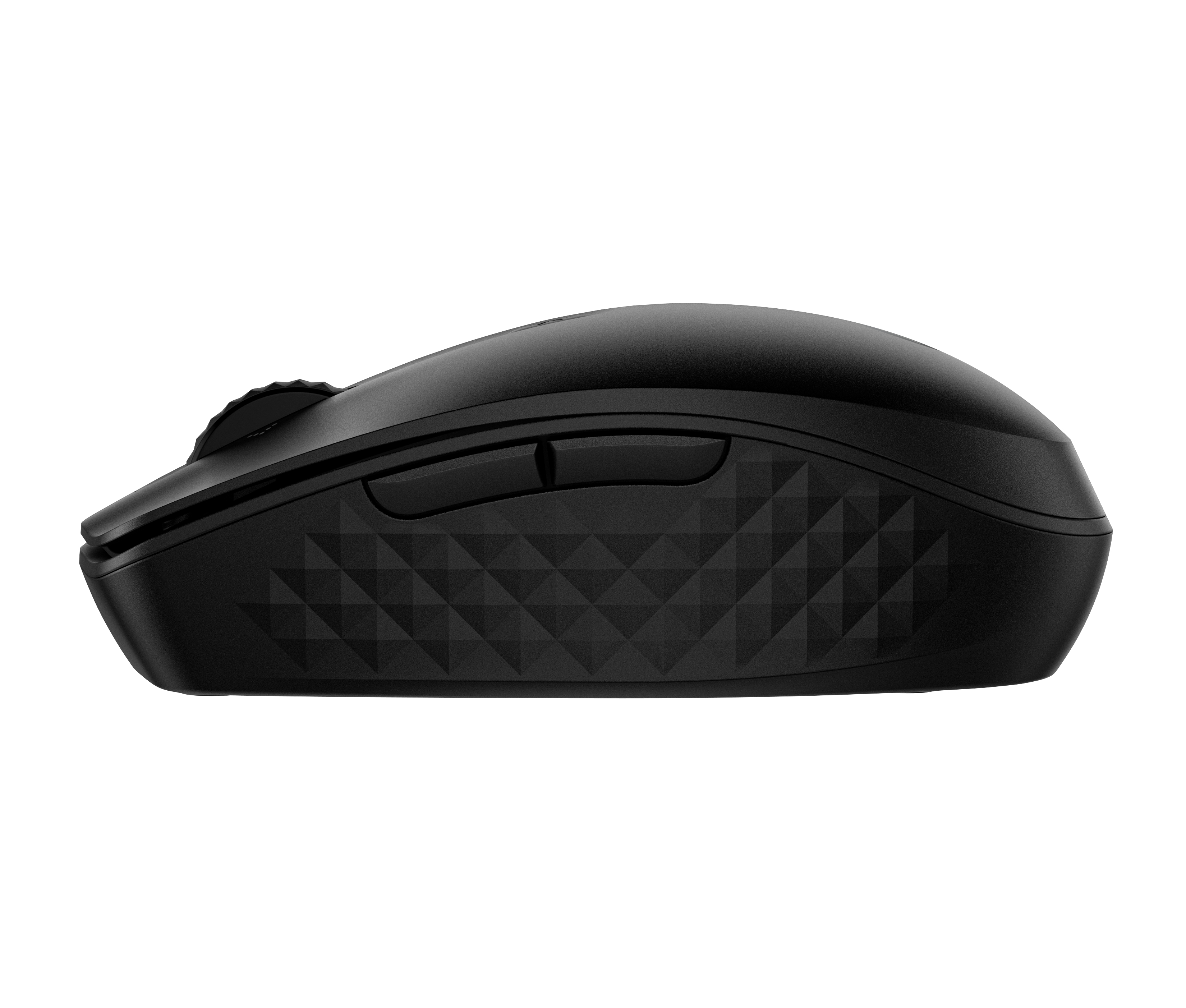 Eine schwarze Computermaus wird von der Seite vor weißem Hintergrund gezeigt. Sie hat ein geometrisches Muster.