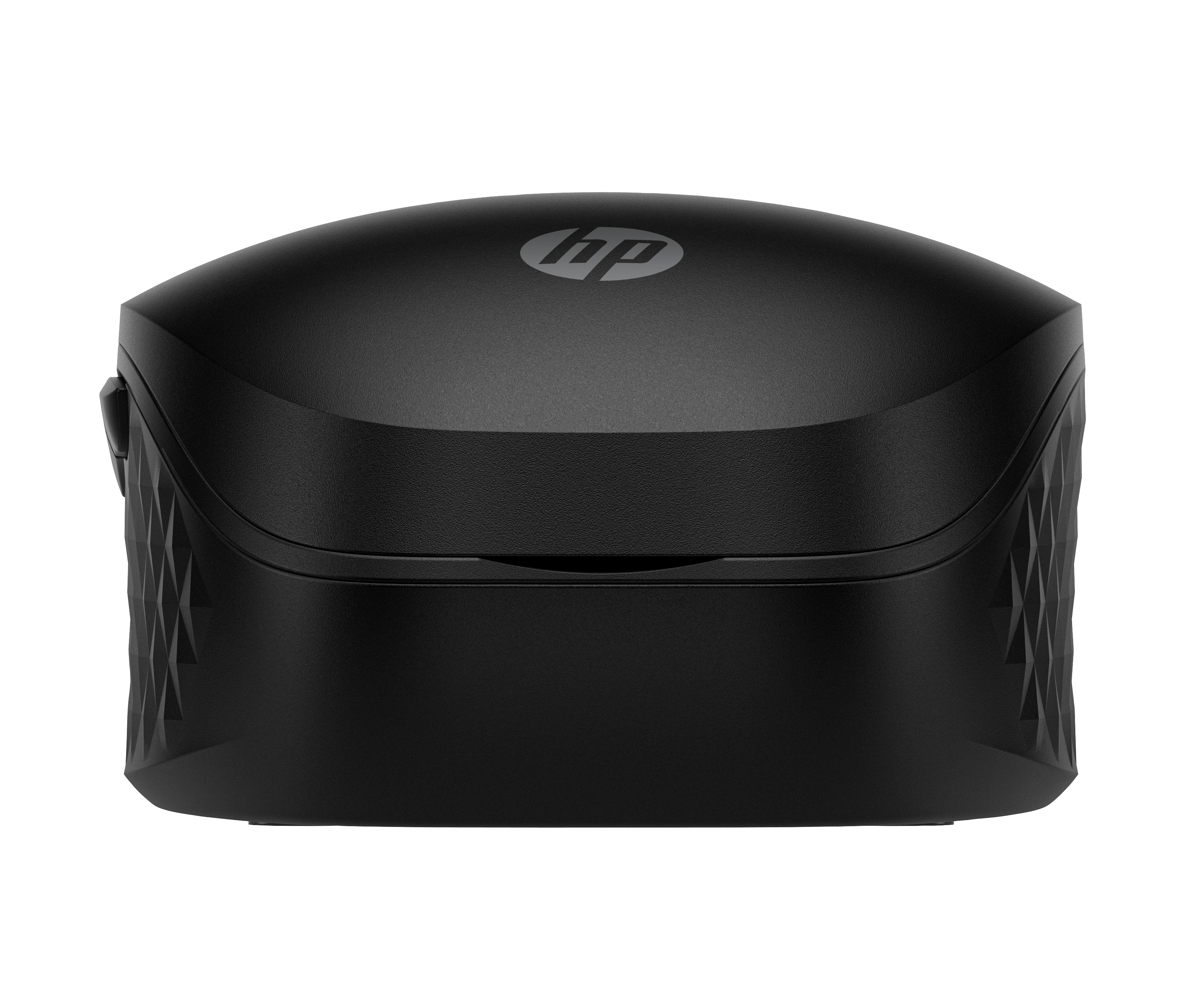 Eine schwarze HP-Maus mit dem HP-Logo oben. Sie hat ein geometrisches Design an den Seiten.