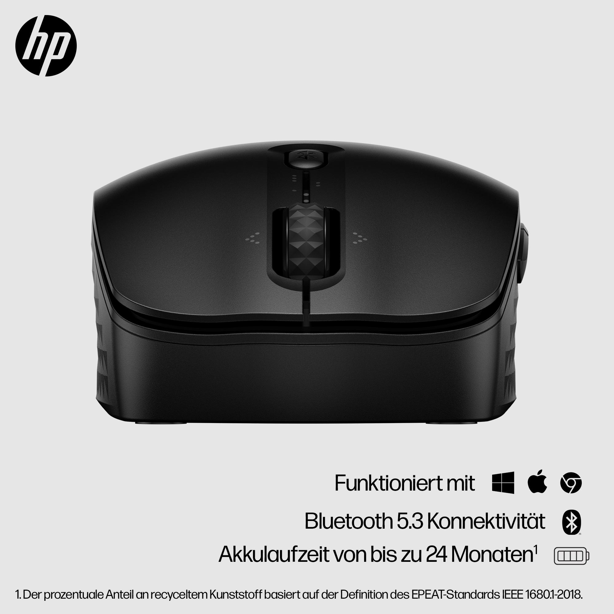Schwarze HP-Maus. Eigenschaften: Bluetooth 5.3, bis zu 24 Monate Akkulaufzeit. HP-Logo oben links.